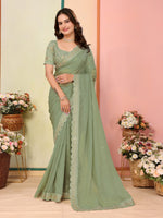 Pista Organza Designer Embroidery Work Patywear Saree