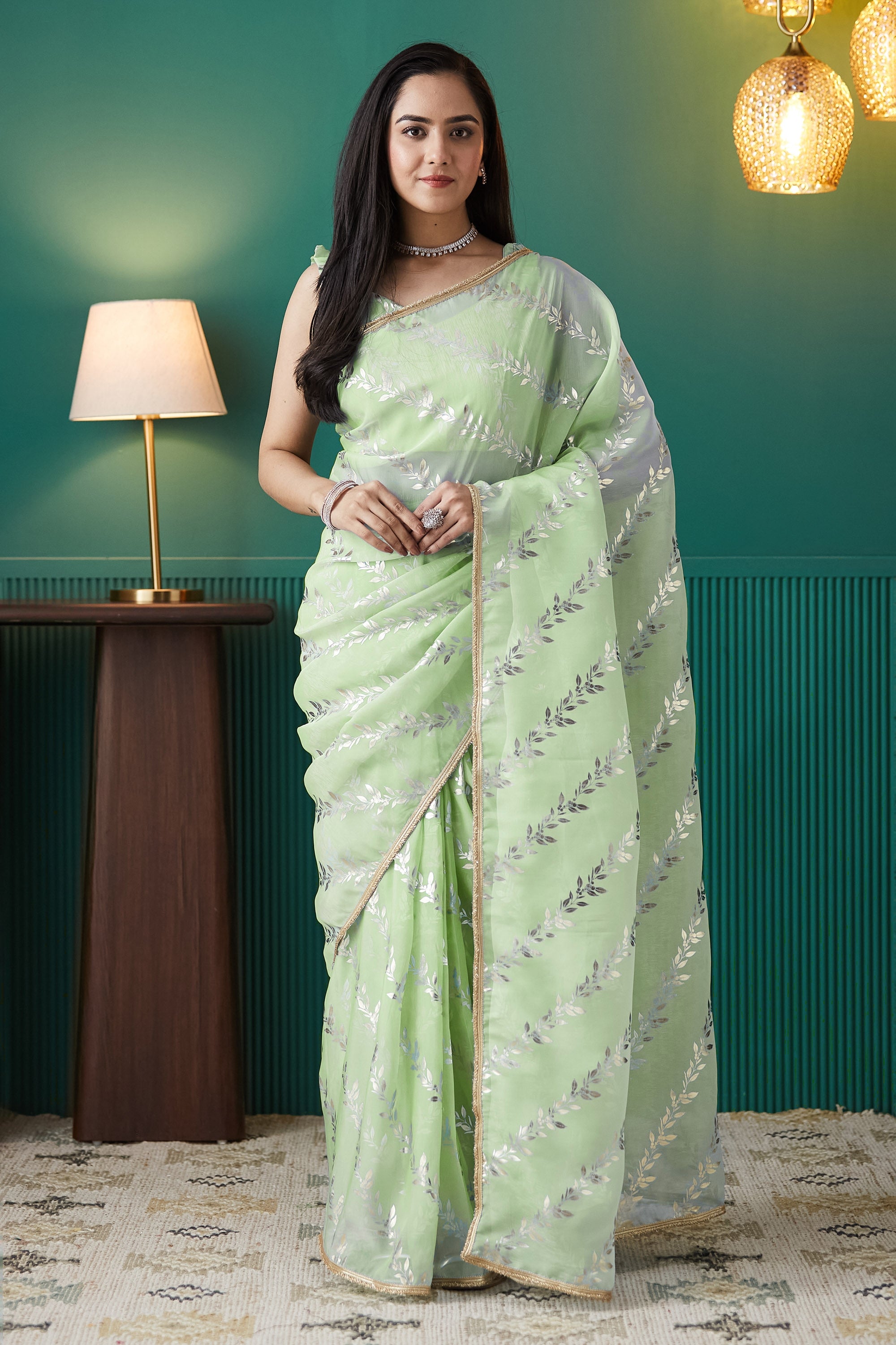 Pista Organza Solid Designer Foil Printed Saree