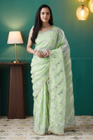 Pista Organza Solid Designer Foil Printed Saree