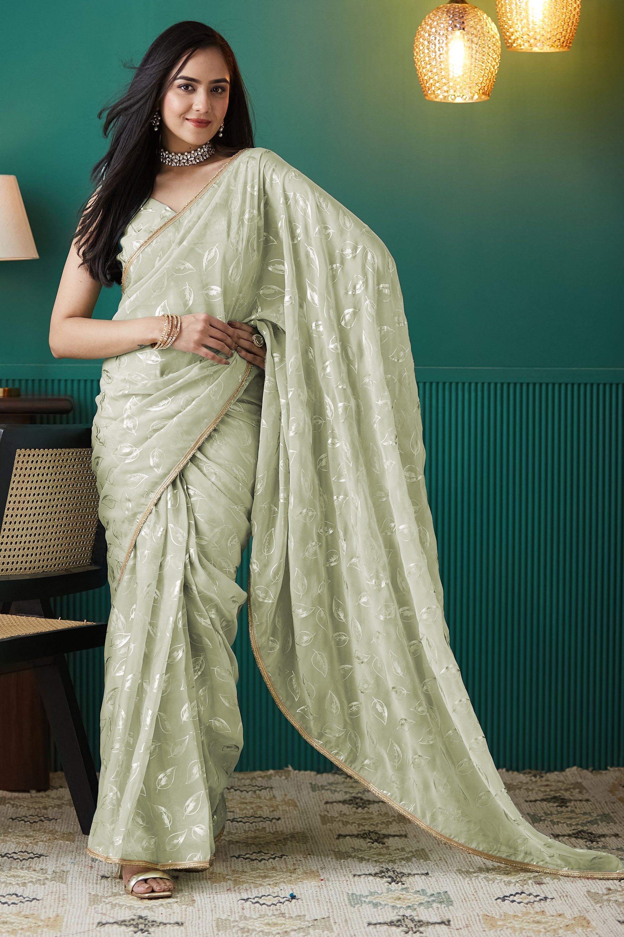 Pista Organza Solid Designer Foil Printed Saree