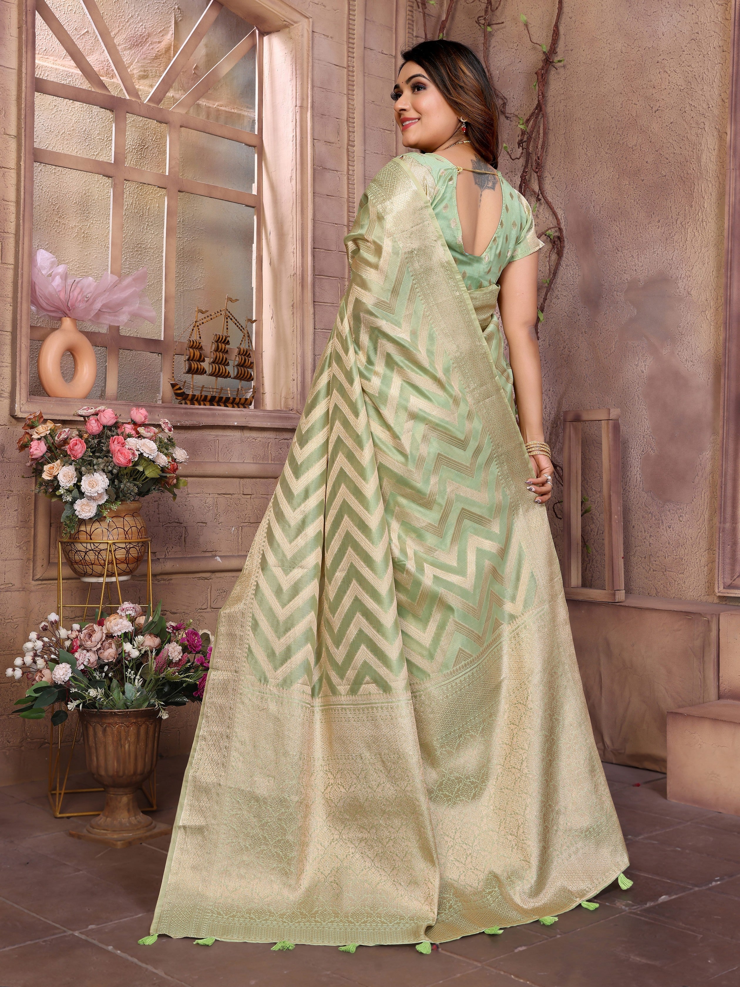 Pista Organza Woven Jari Designer Heavy Ceremonial Saree
