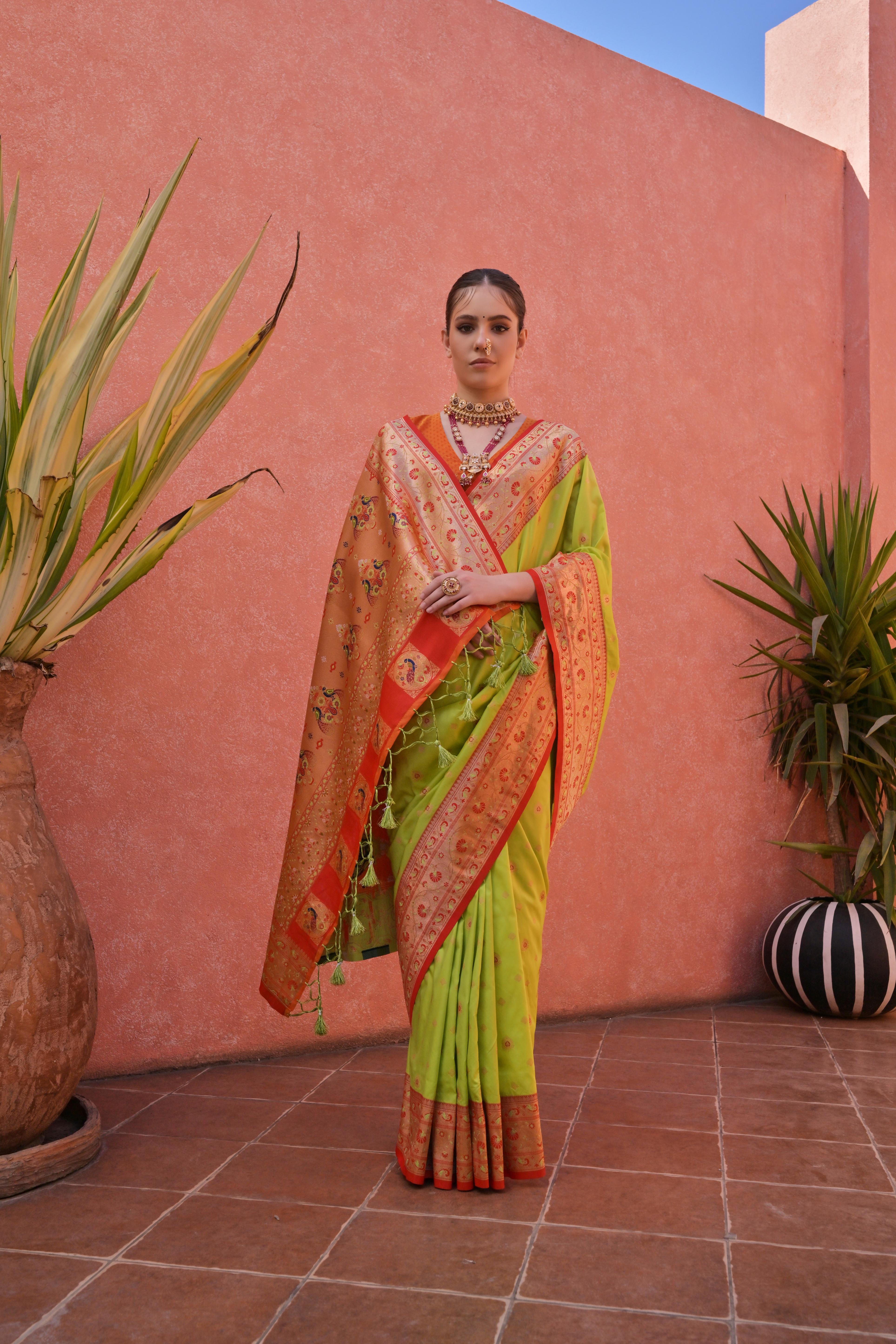Pista Paithani Silk Saree with Paithani Pallu and Zari Butti