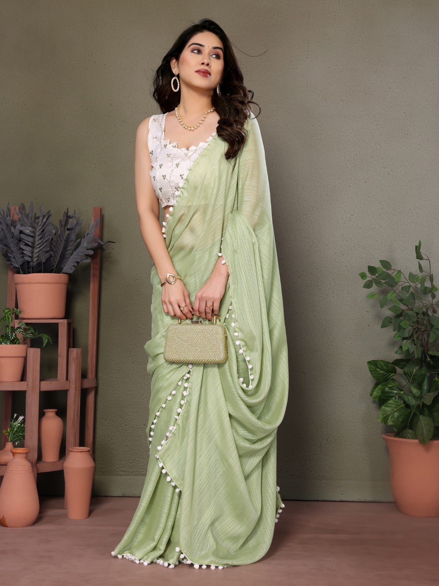 Pista Polyester Zari Saree With Plain Saree With Embroidery Work Blouse And Pum Pum Lace