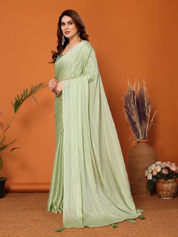 Pista Polyester Zari Saree With Plain Saree With Kalamkari Print Blouse