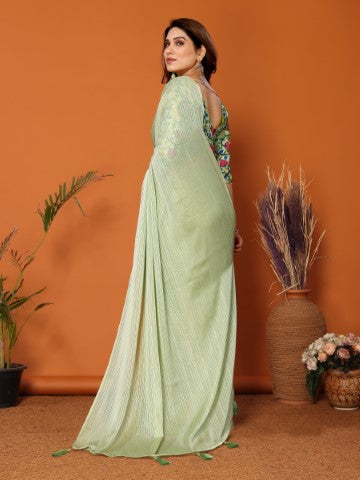 Pista Polyester Zari Saree With Plain Saree With Kalamkari Print Blouse