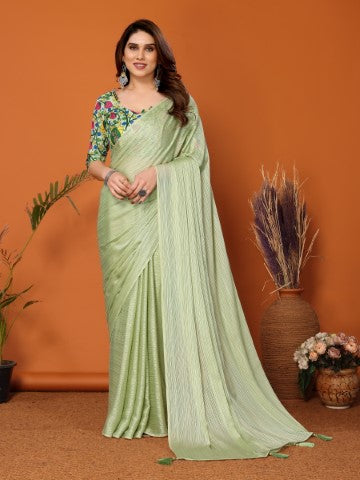 Pista Polyester Zari Saree With Plain Saree With Kalamkari Print Blouse