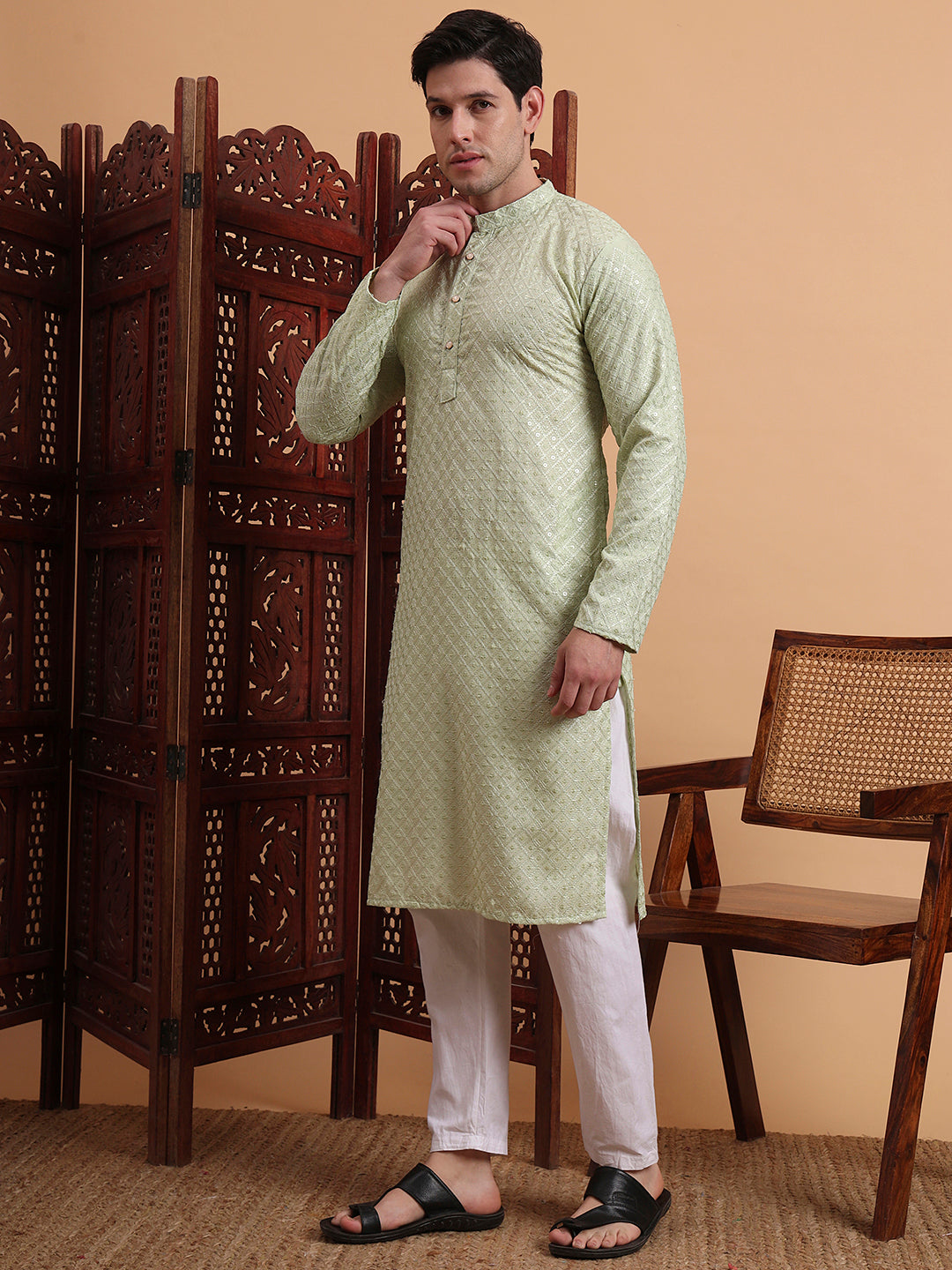 Pista Rayon Chikankari Embroidered Traditional Kurta Pajama