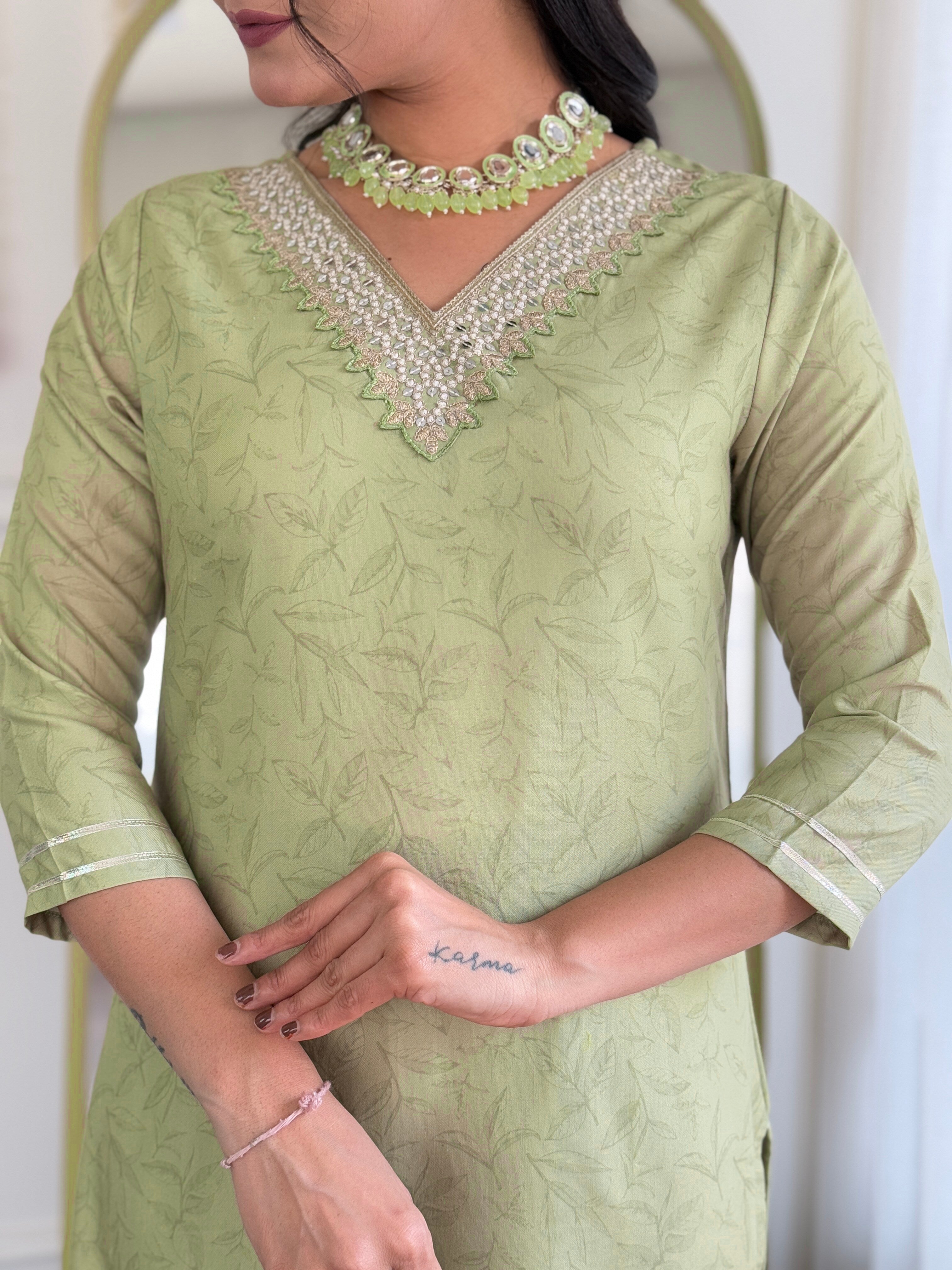 Pista Rayon Elegant Kurta Pant Set With Embroidery Work