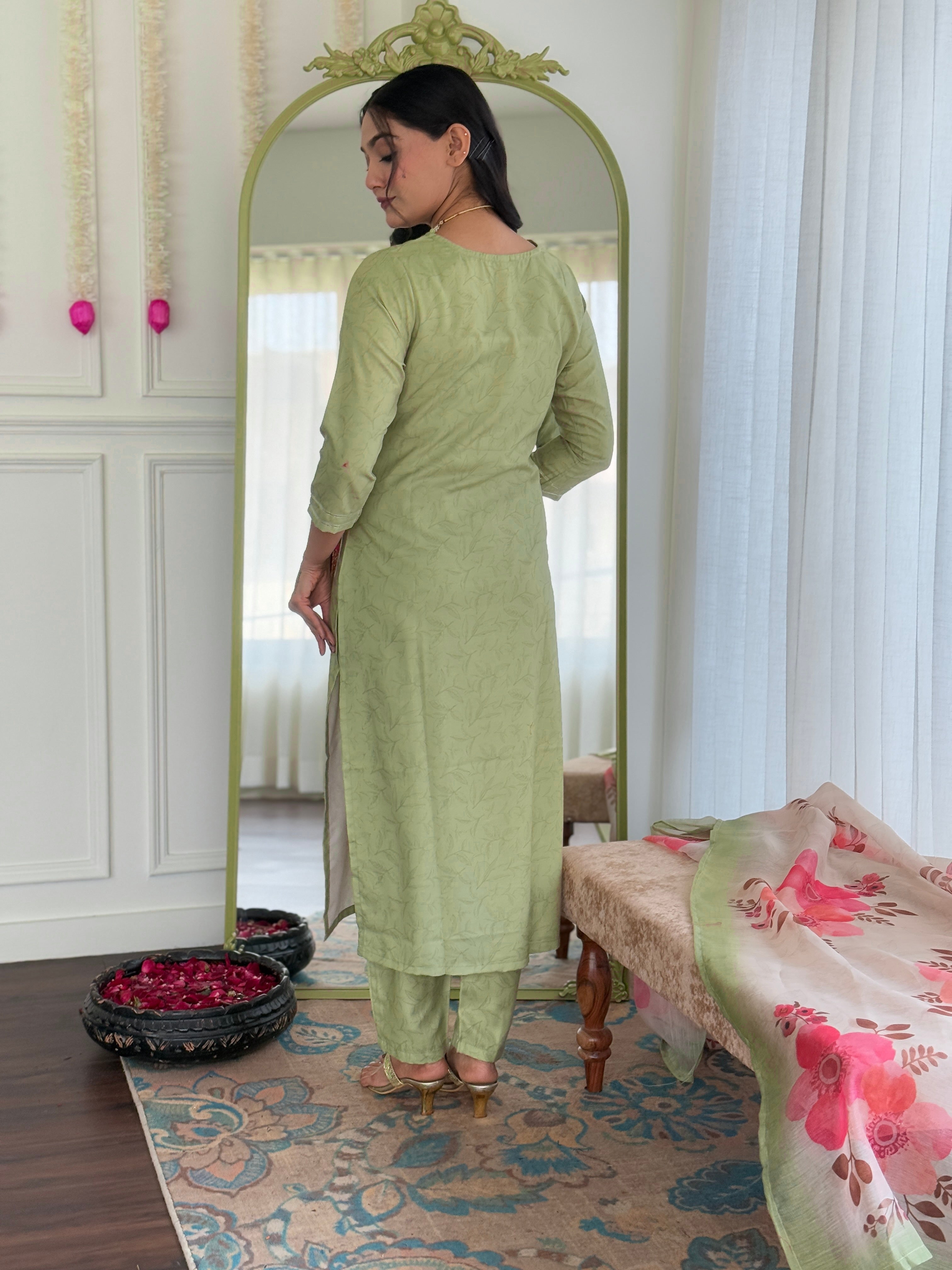 Pista Rayon Elegant Kurta Pant Set With Embroidery Work
