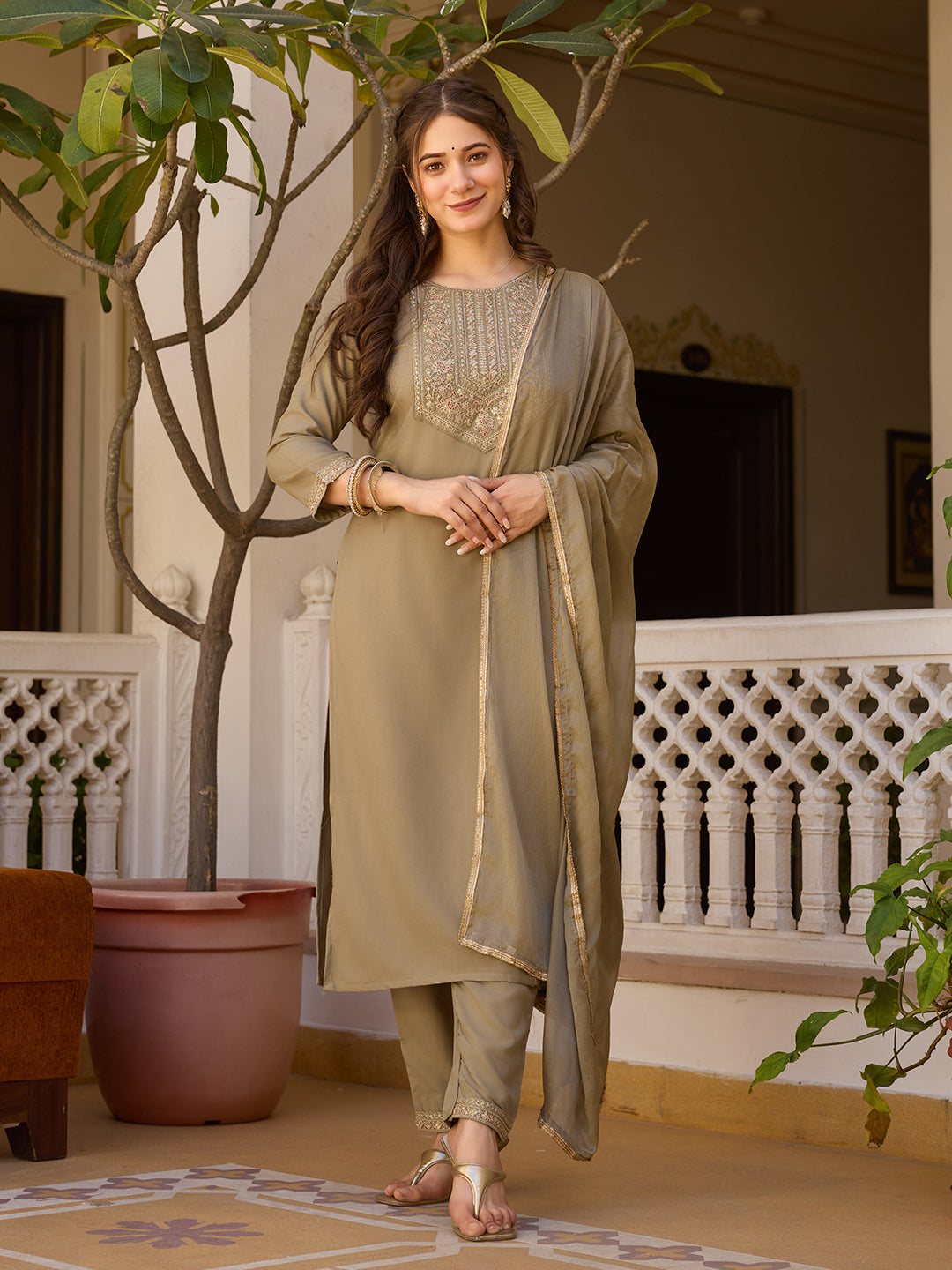 Pista Rayon Kurta Pant Set With Thread Embroidered With Sequins Work
