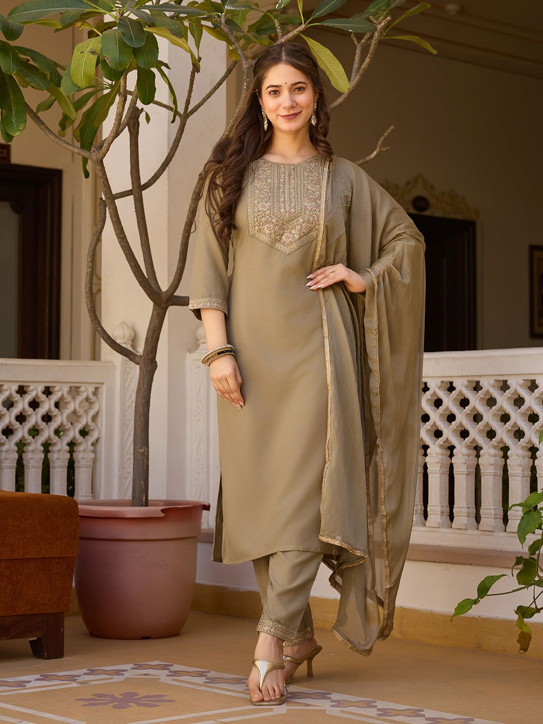 Pista Rayon Kurta Pant Set With Thread Embroidered With Sequins Work