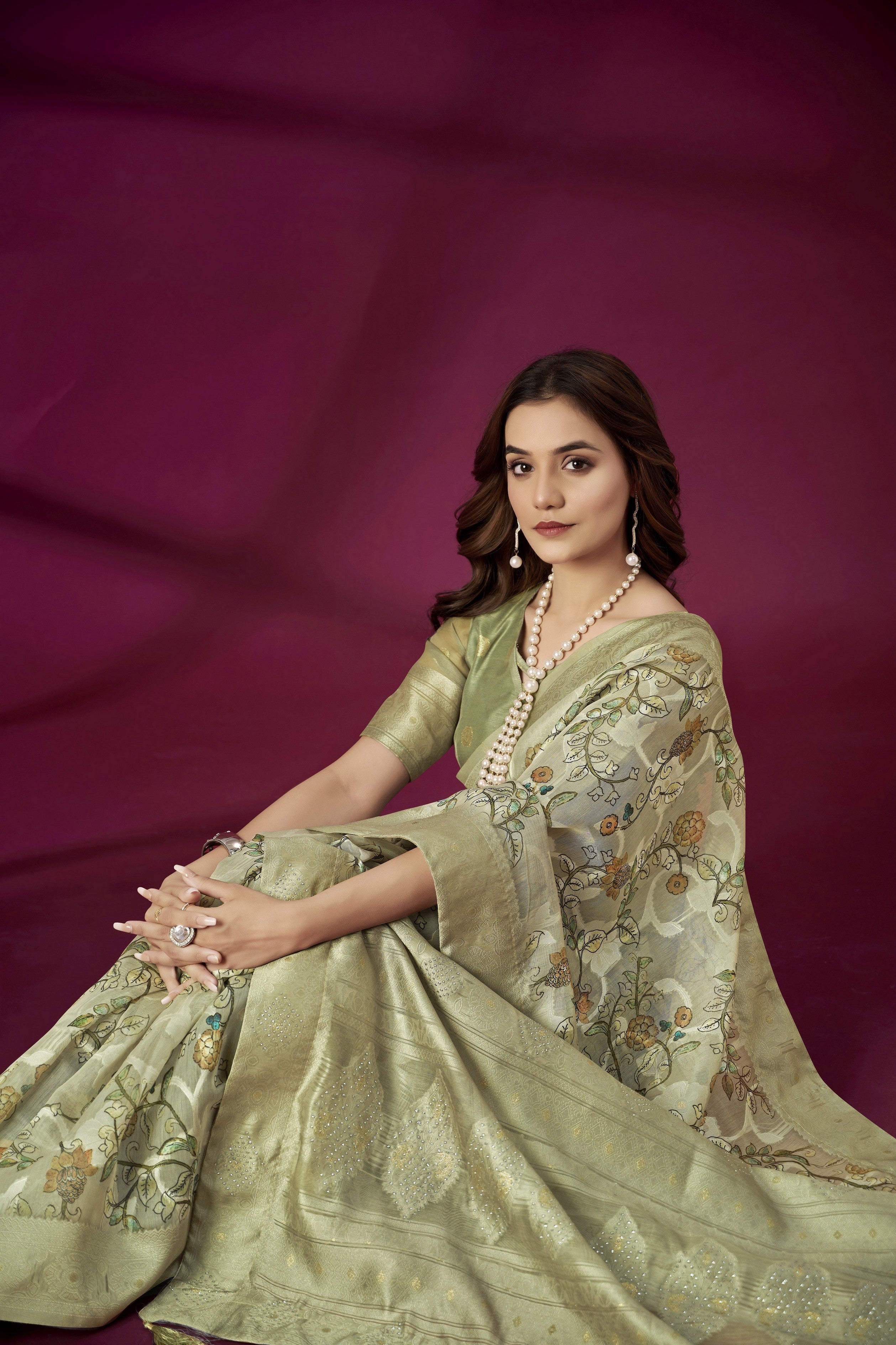 Pista Rich Silk Jacquard Designer Saree With Smart Ethnic Printed