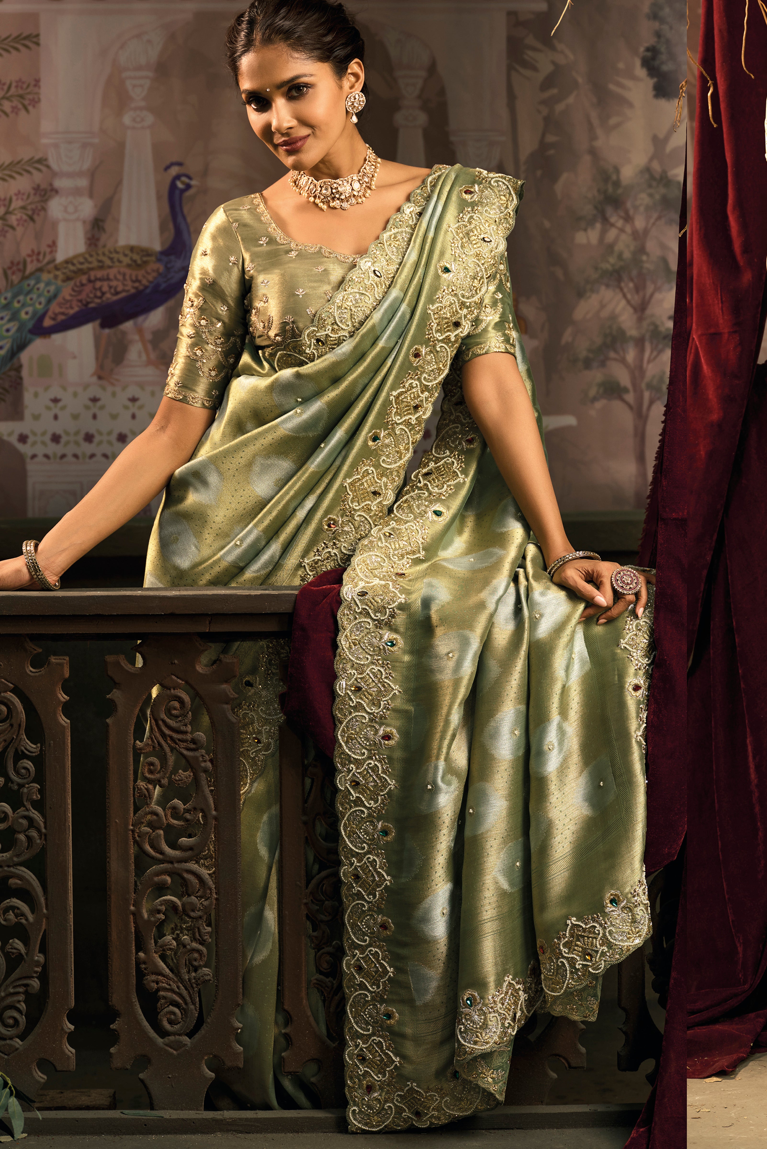 Pista Saree With  Jari, Moti, Cut-Dana With Emerald Heavy Work