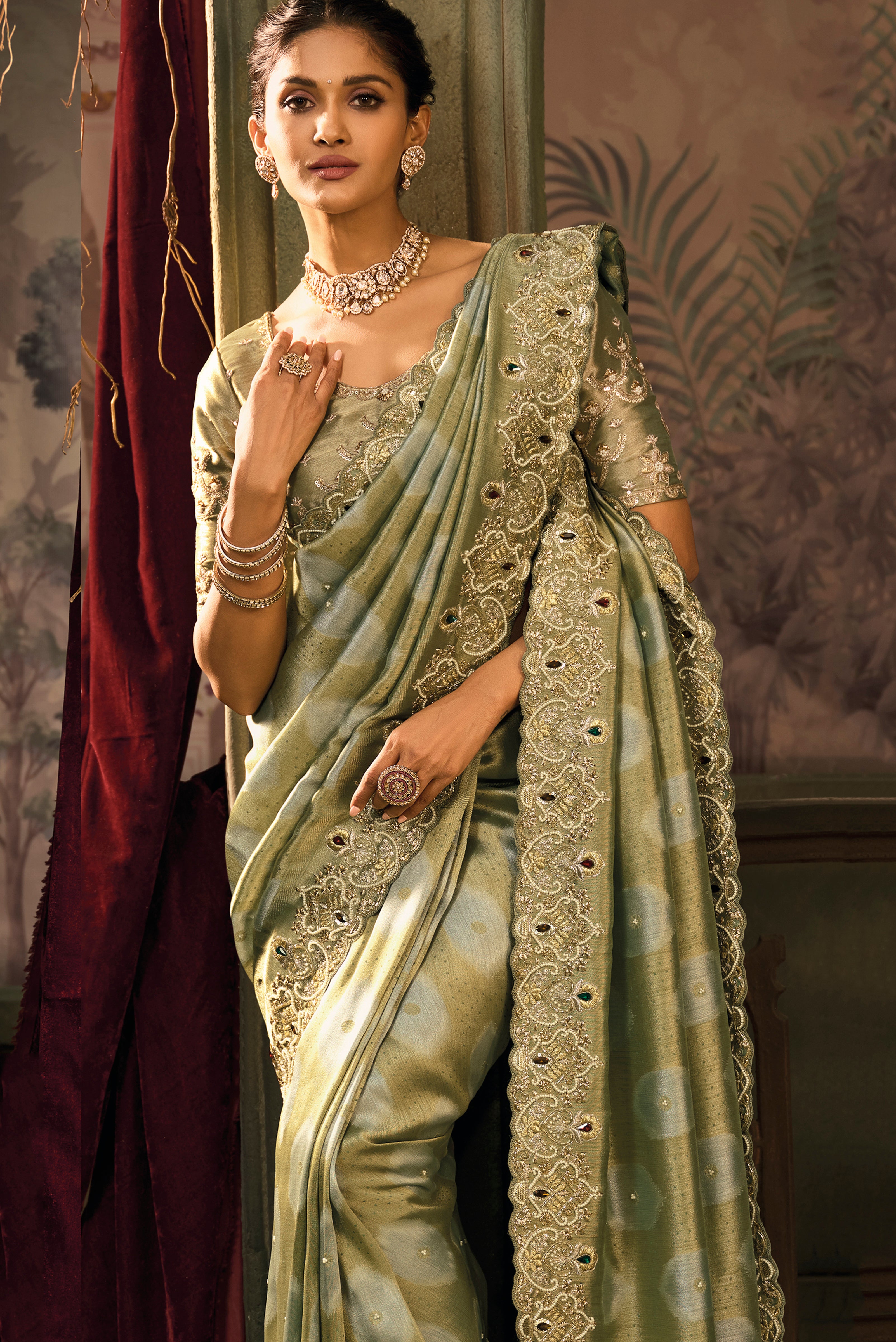 Pista Saree With  Jari, Moti, Cut-Dana With Emerald Heavy Work
