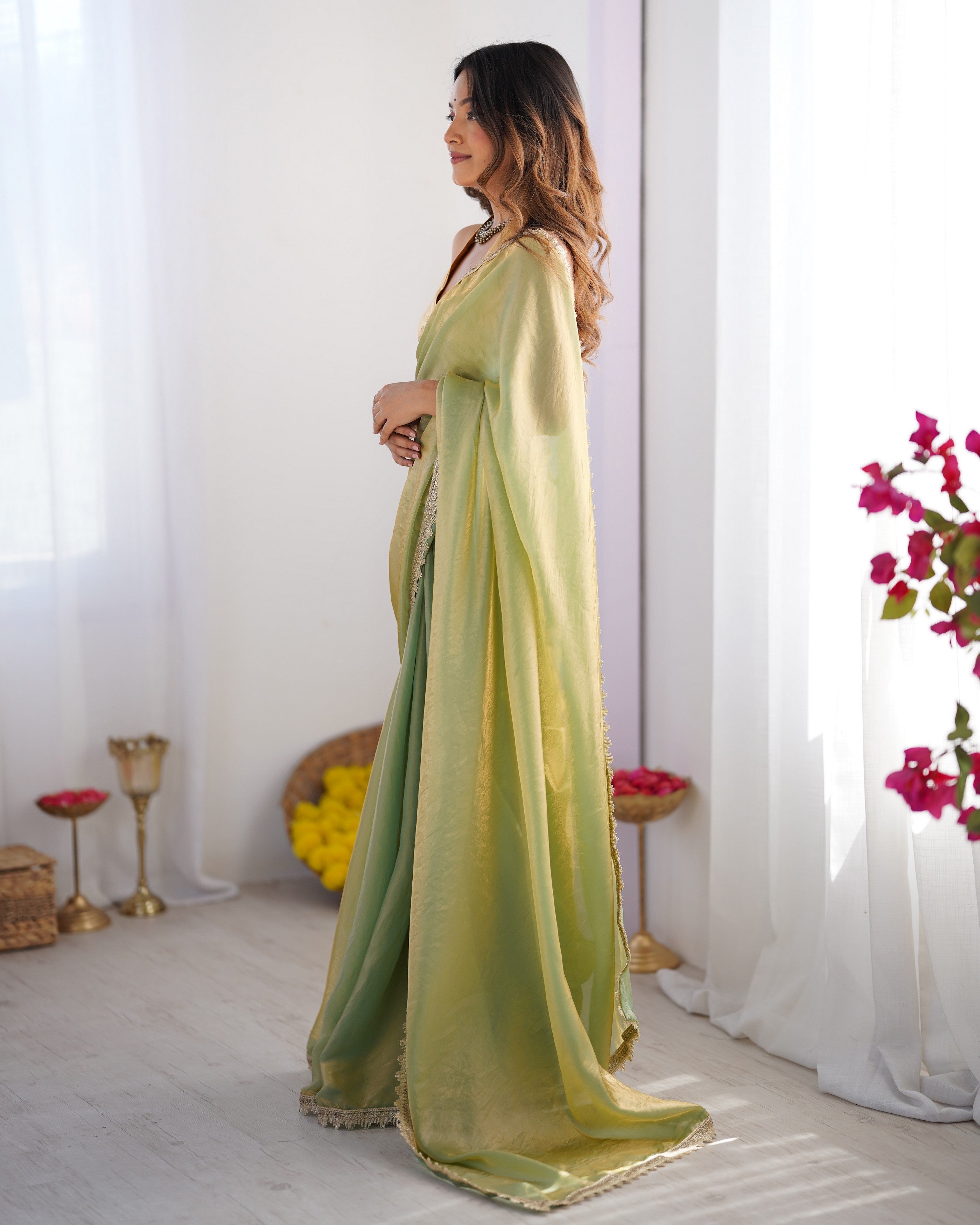 Pista Satin Gold Organza Solid Designer With Lace Border Bollywood Style Saree