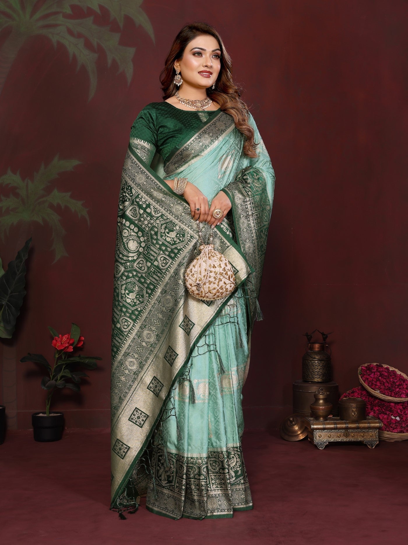 Pista Satin Silk Saree With Classic Zari Butta Designs