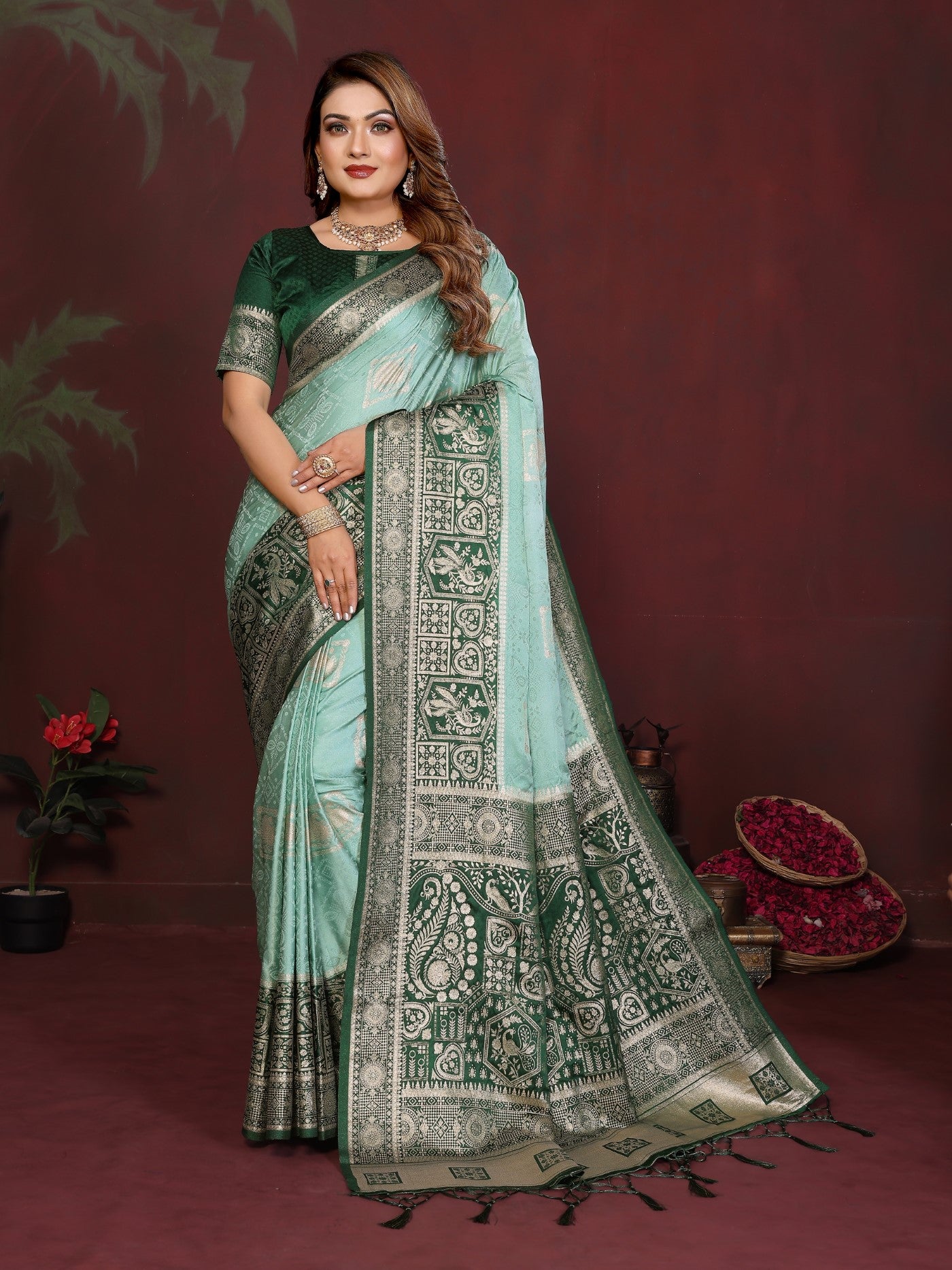 Pista Satin Silk Saree With Classic Zari Butta Designs