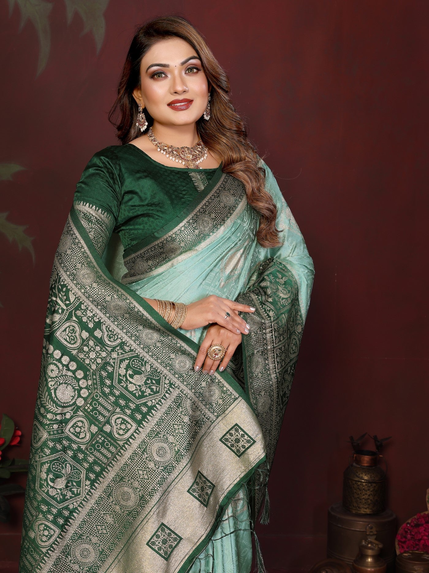 Pista Satin Silk Saree With Classic Zari Butta Designs