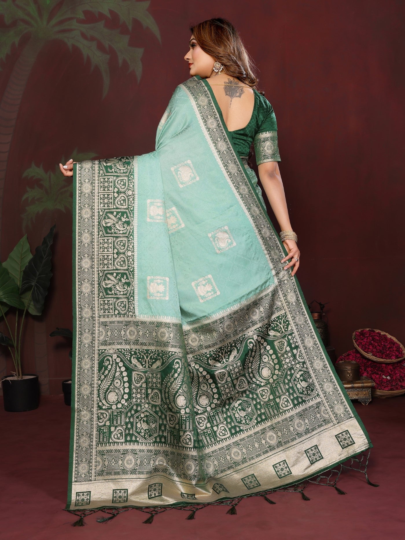 Pista Satin Silk Saree With Classic Zari Butta Designs