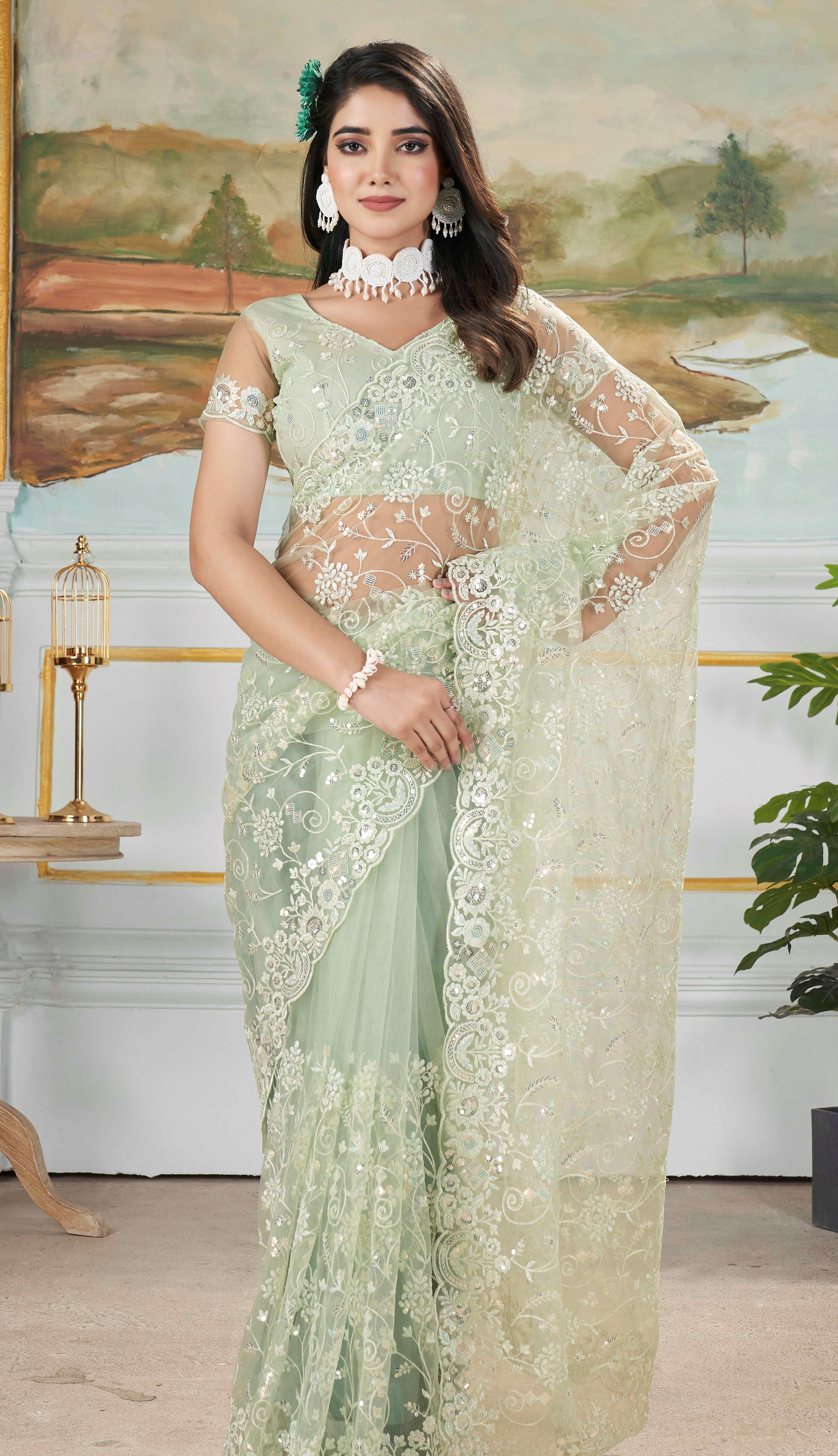 Pista Sequins With Thread Embroidery Work Butterfly Net Partywear Saree