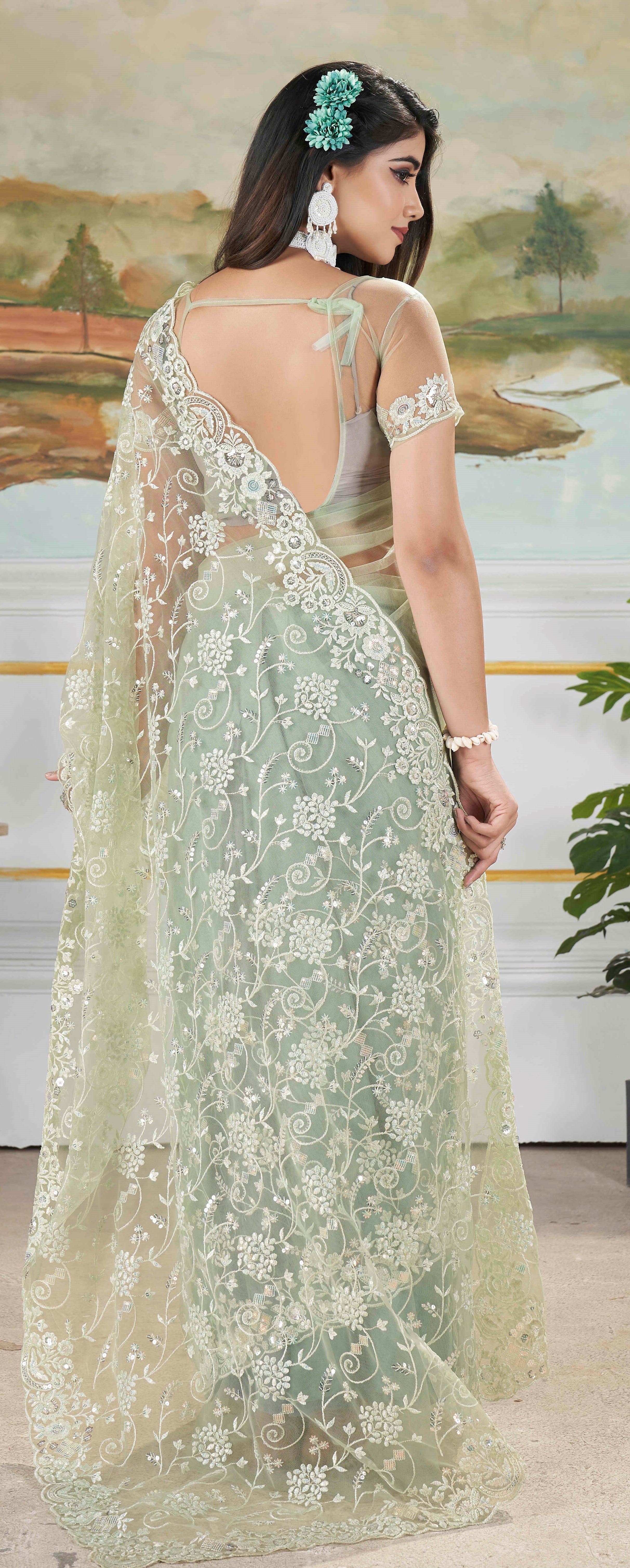 Pista Sequins With Thread Embroidery Work Butterfly Net Partywear Saree