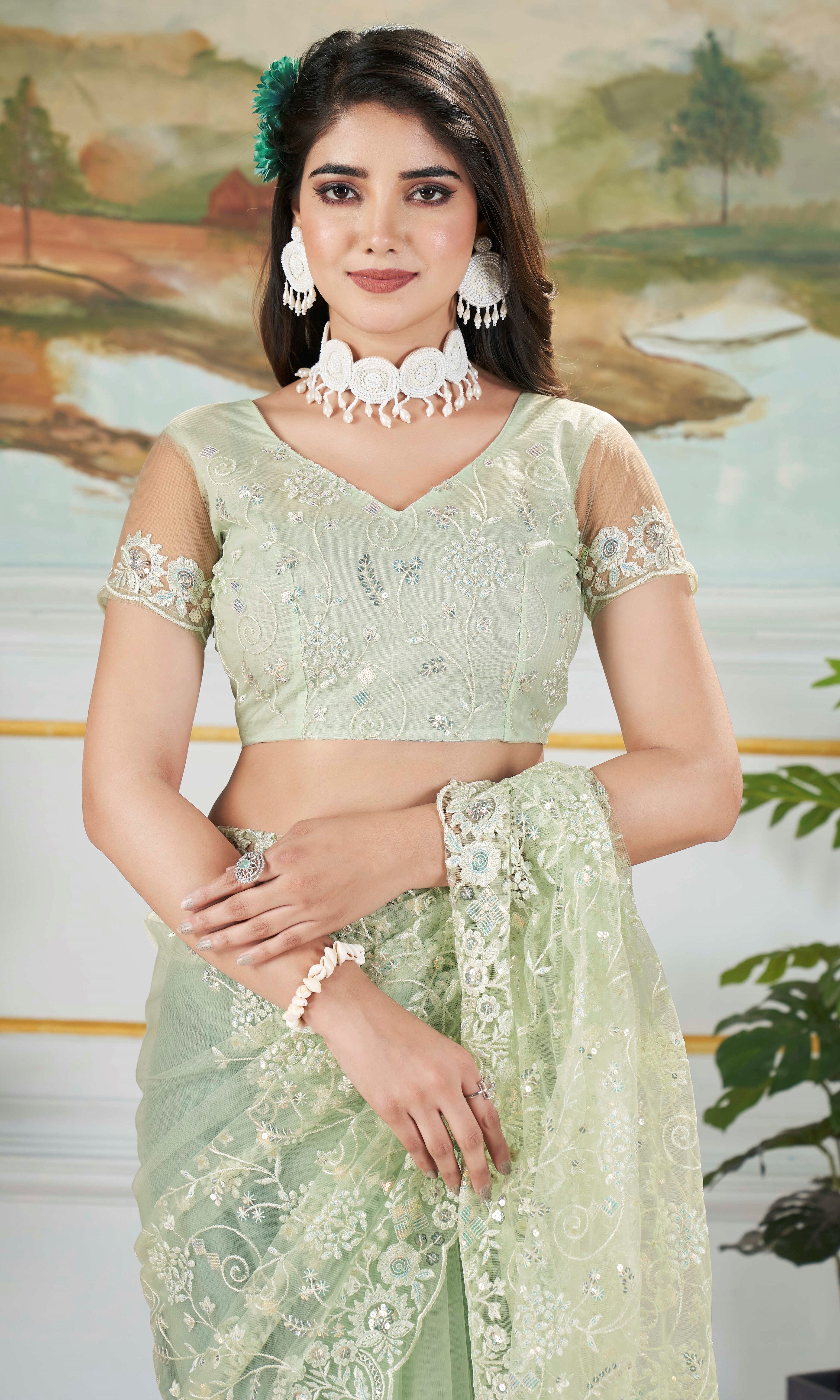 Pista Sequins With Thread Embroidery Work Butterfly Net Partywear Saree