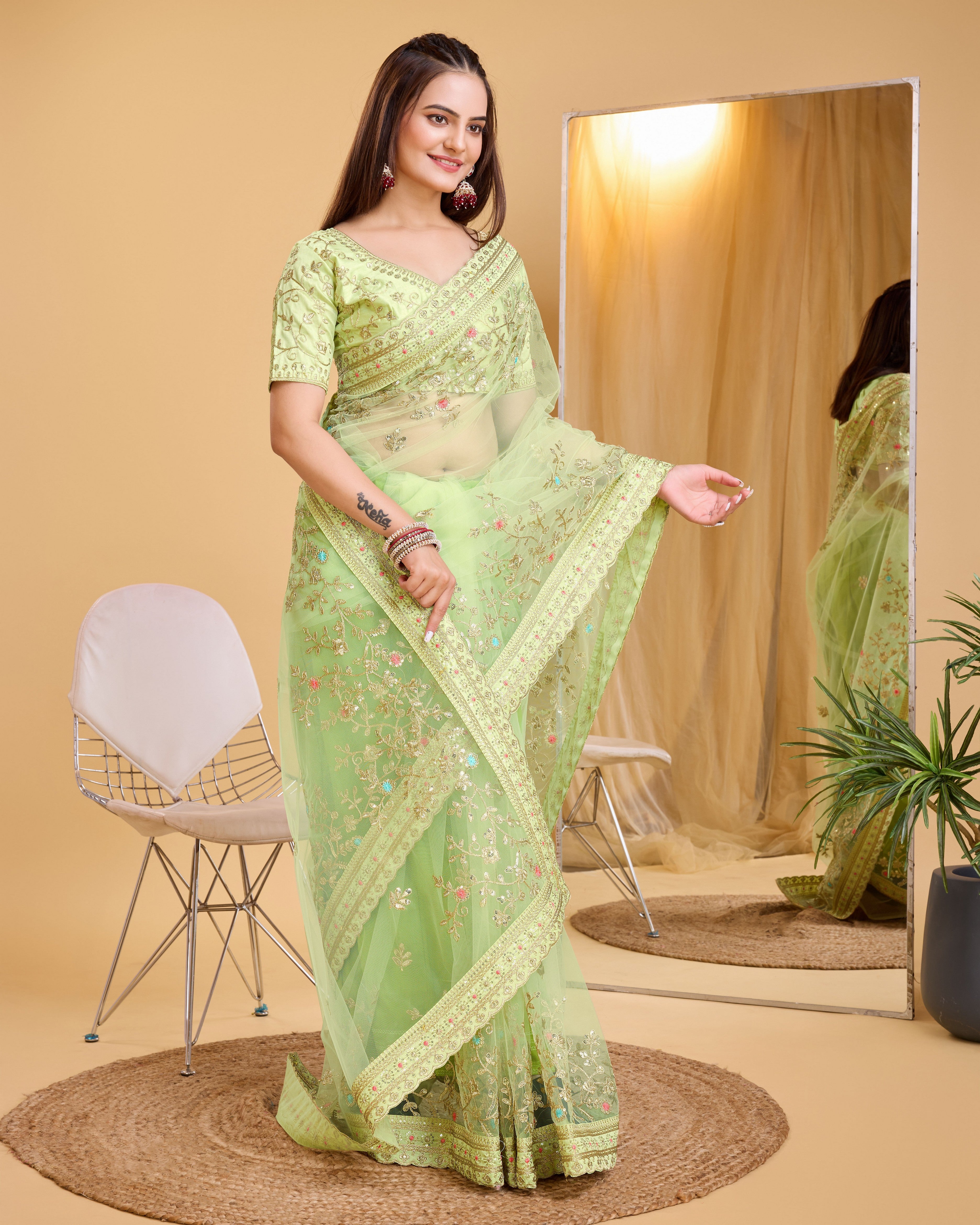 Pista Soft Net Designer Embroidery Work Bollywood Style Saree