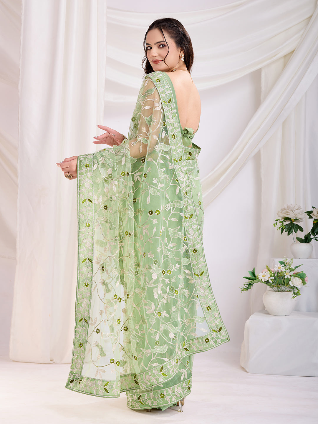 Pista Soft Net Designer Thread Embroidery Work Girlie Partywear Saree