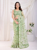 Pista Soft Net Designer Thread Embroidery Work Girlie Partywear Saree
