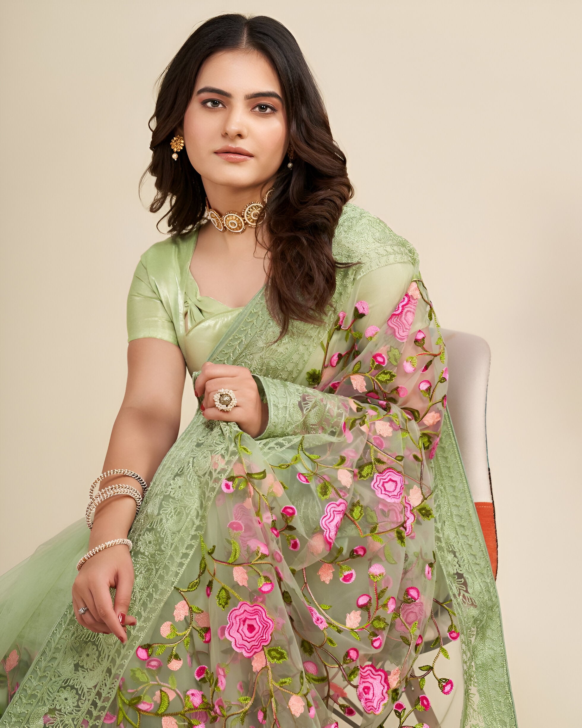 Pista Soft Net Saree with C Pallu Chikankari Embroidery Work