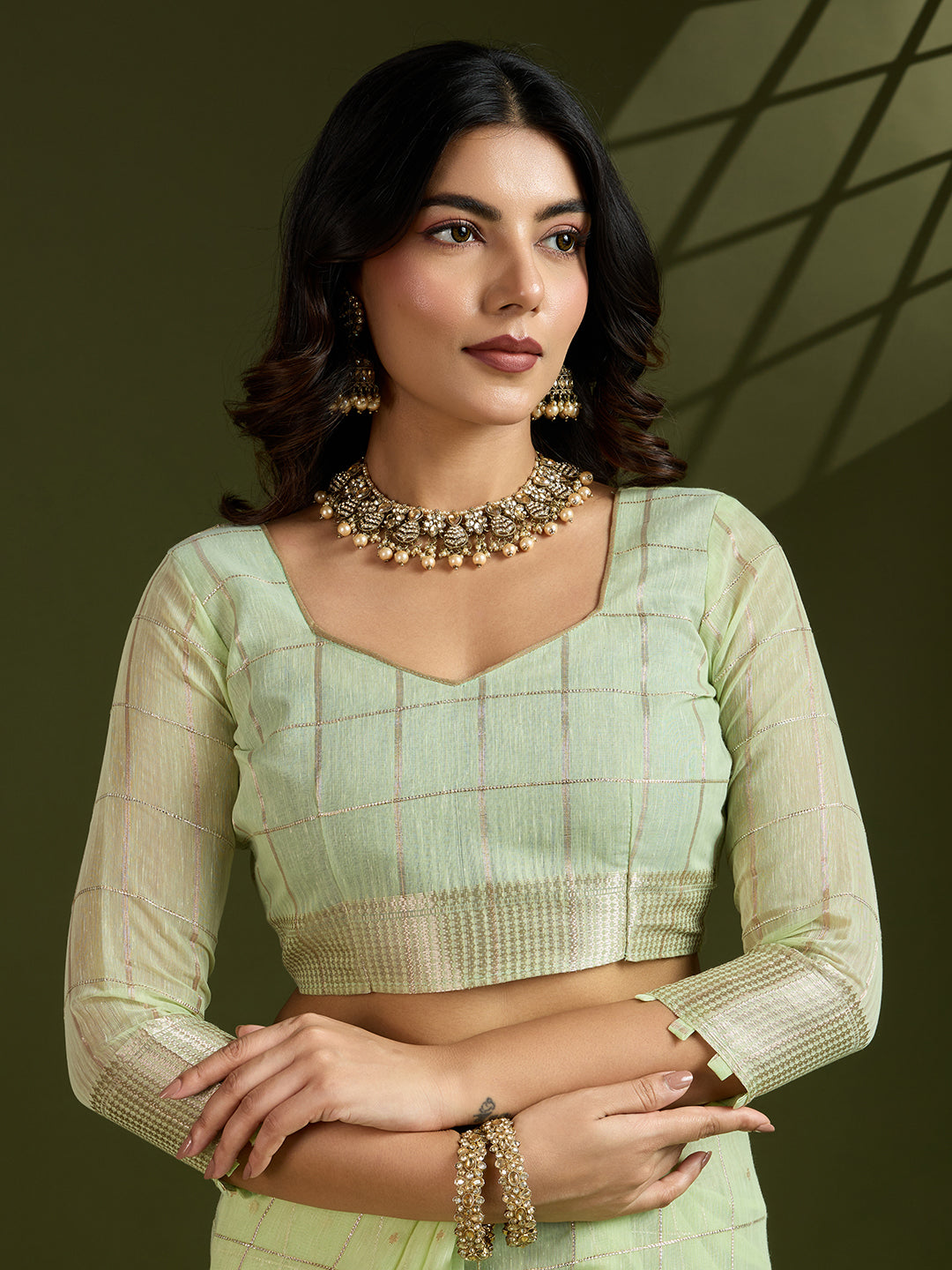 Pista Soft Silk Saree with Checks and Zari Pallu