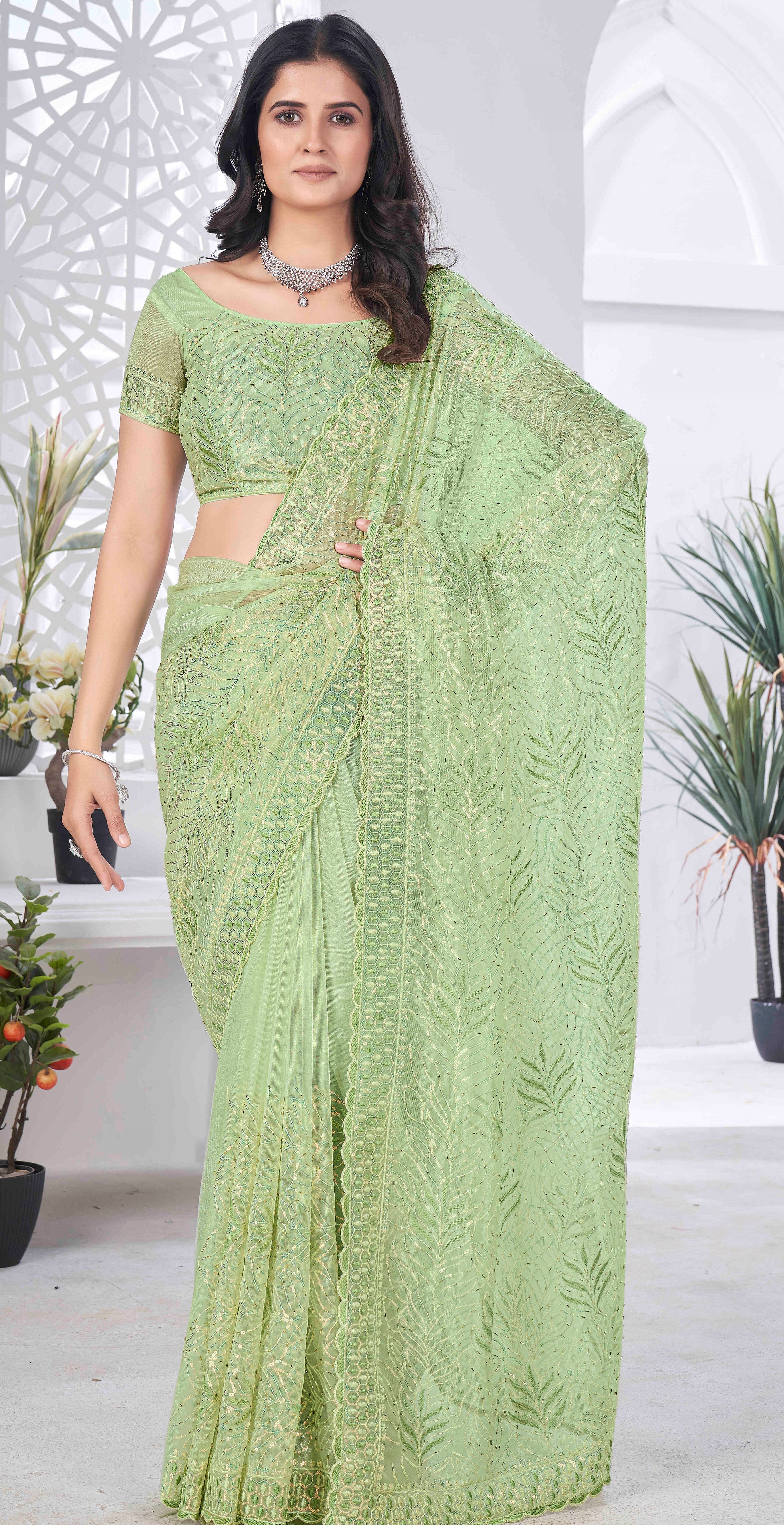 Pista Tissue Net Sequance And Multy Thread Embroidery Saree With Cut Work