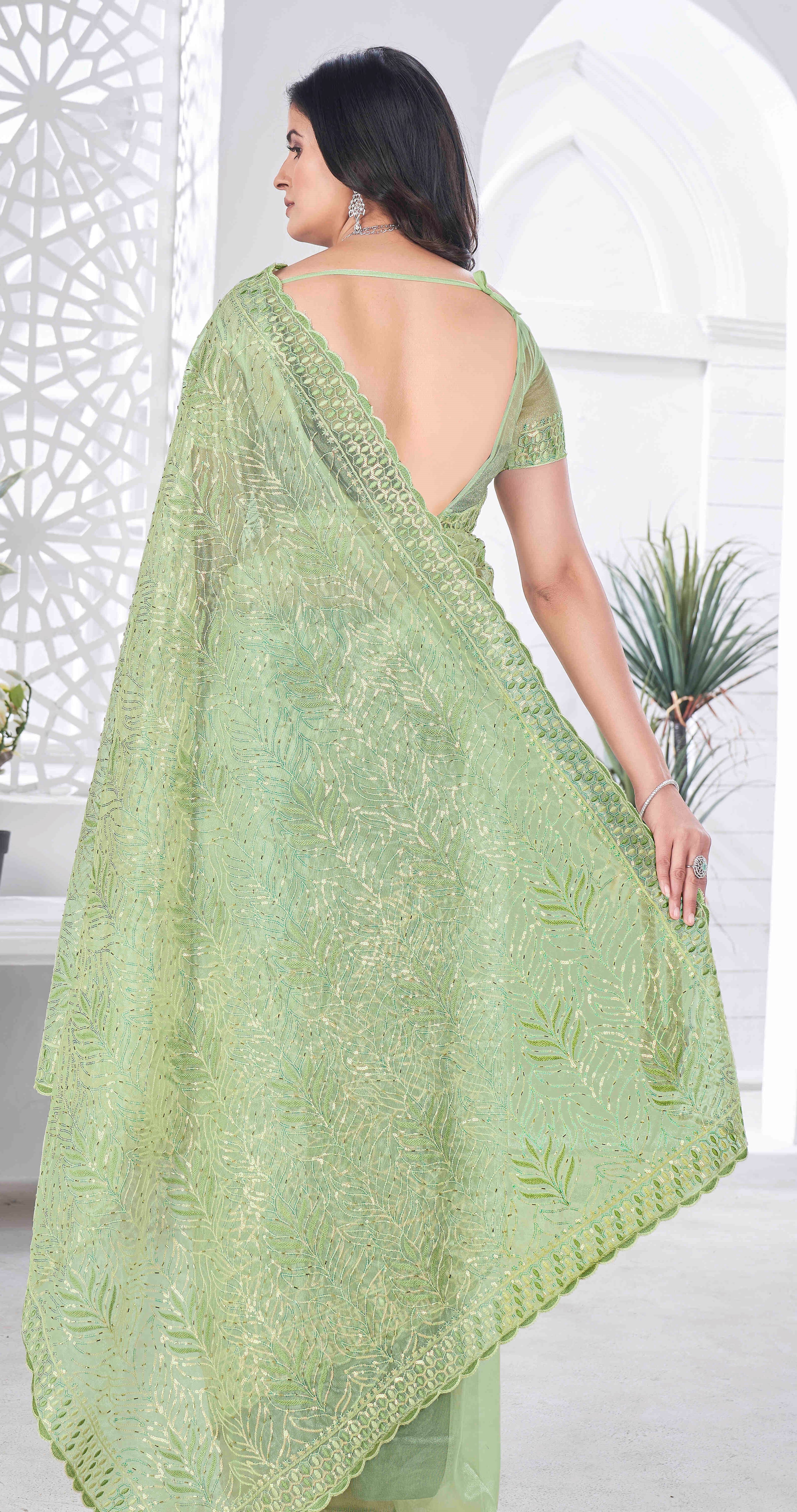 Pista Tissue Net Sequance And Multy Thread Embroidery Saree With Cut Work