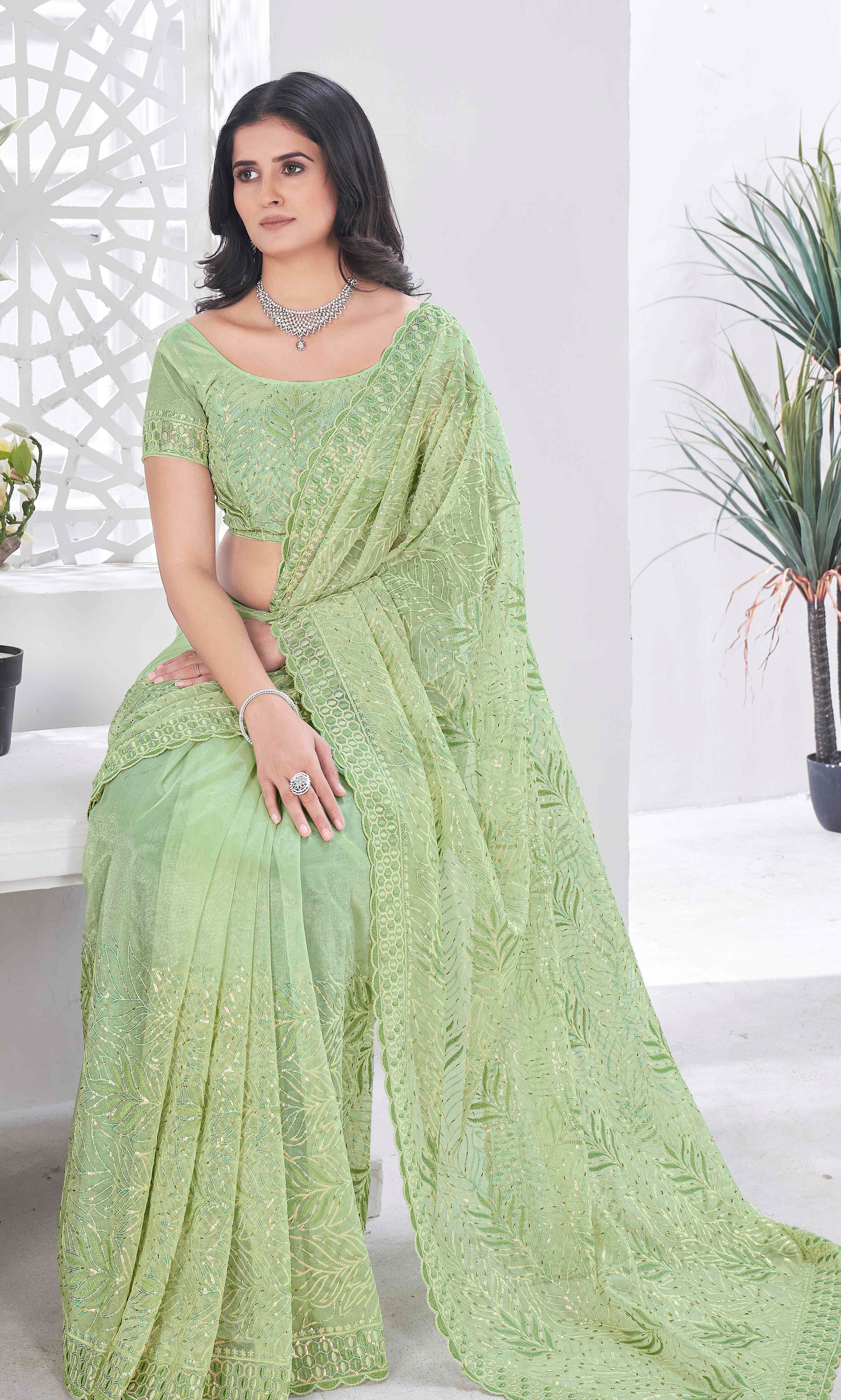 Pista Tissue Net Sequance And Multy Thread Embroidery Saree With Cut Work