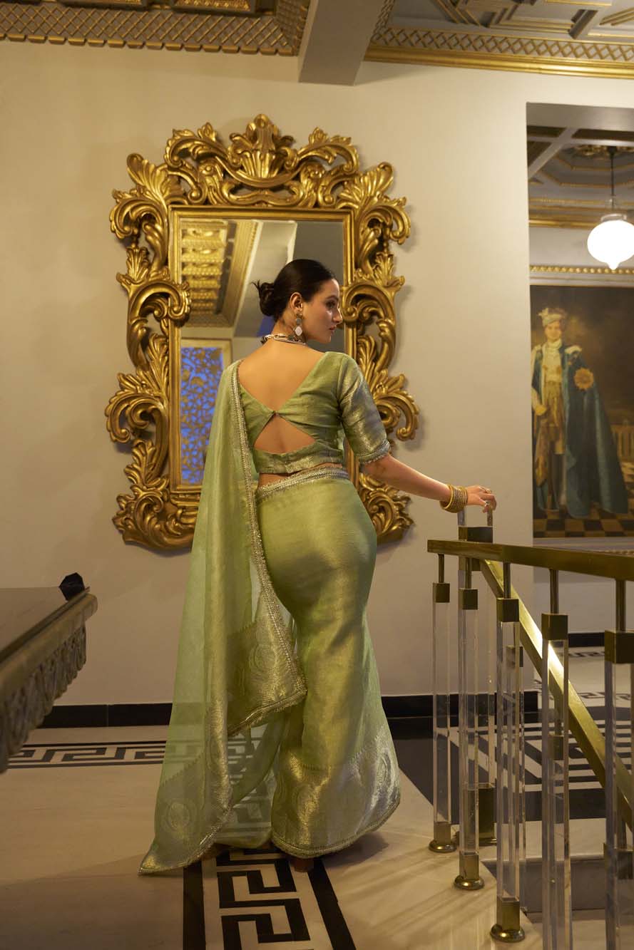 Pista Tissue Shimmer Saree with Zari Weaving & Sequins Lace