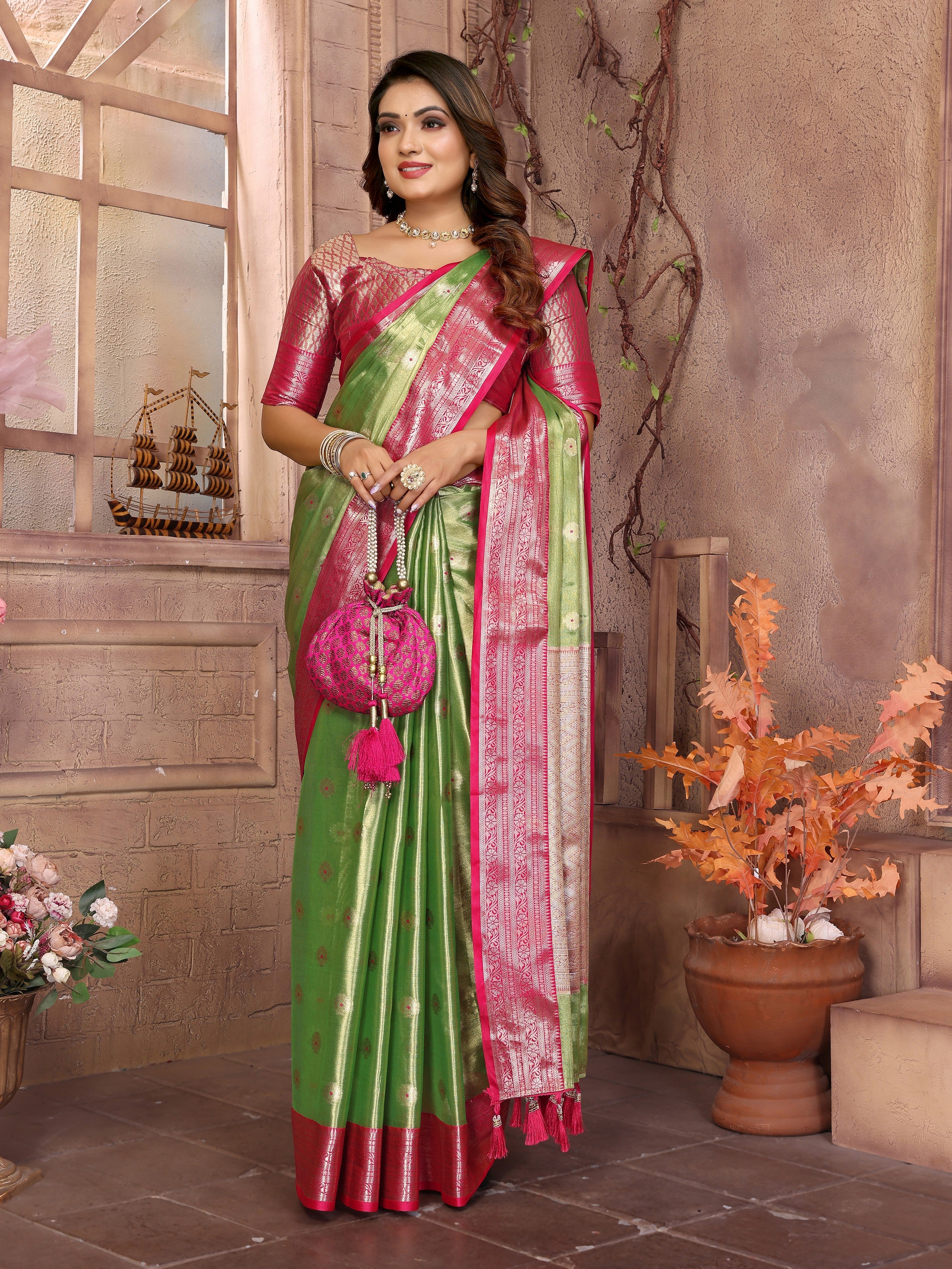 Pista Tissue Silk Ethnic Saree With Woven Handloom Designer