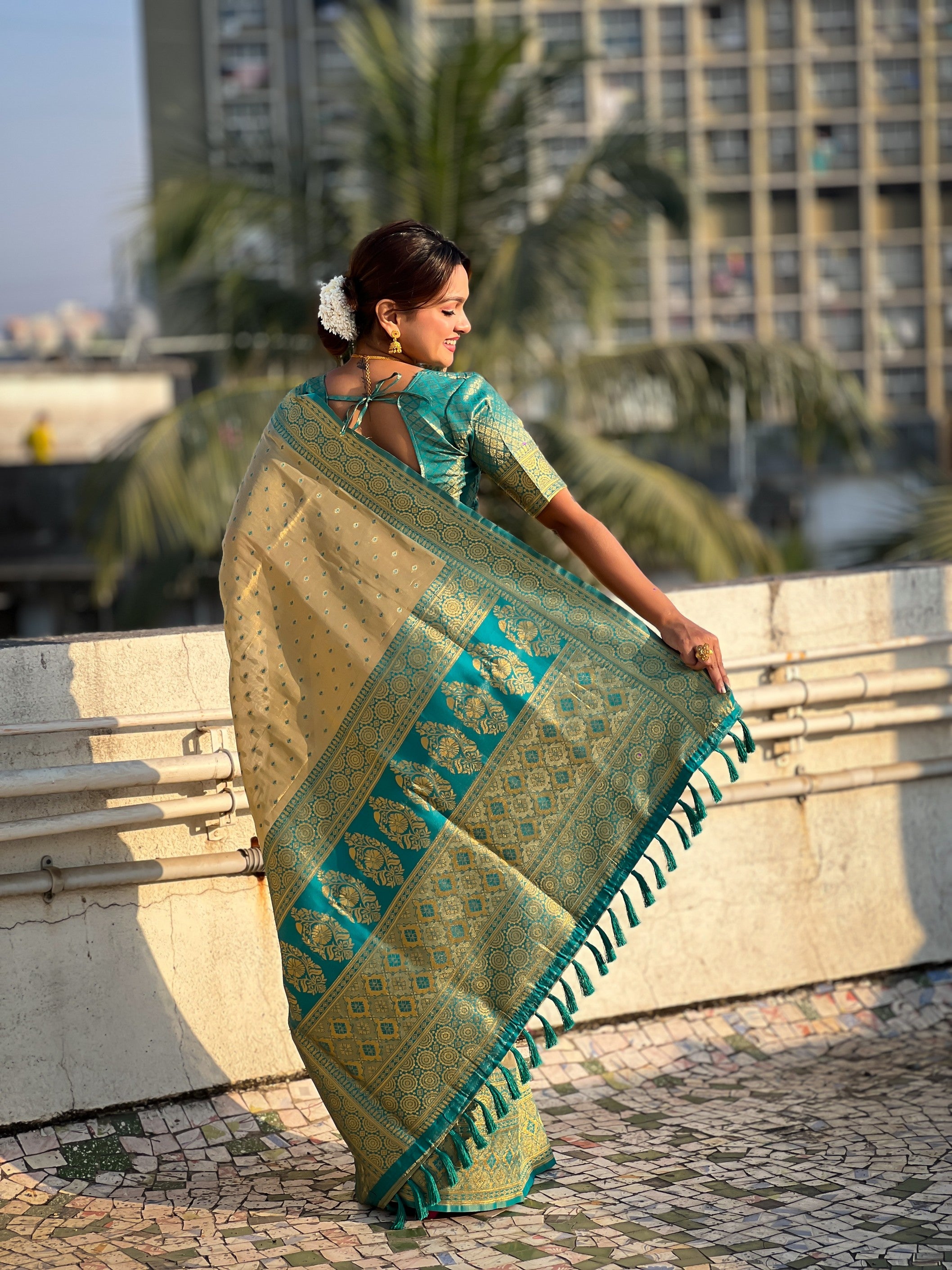Pista Tissue Silk Heavy Woven Jari Designer Ethnic Ceremonial Saree