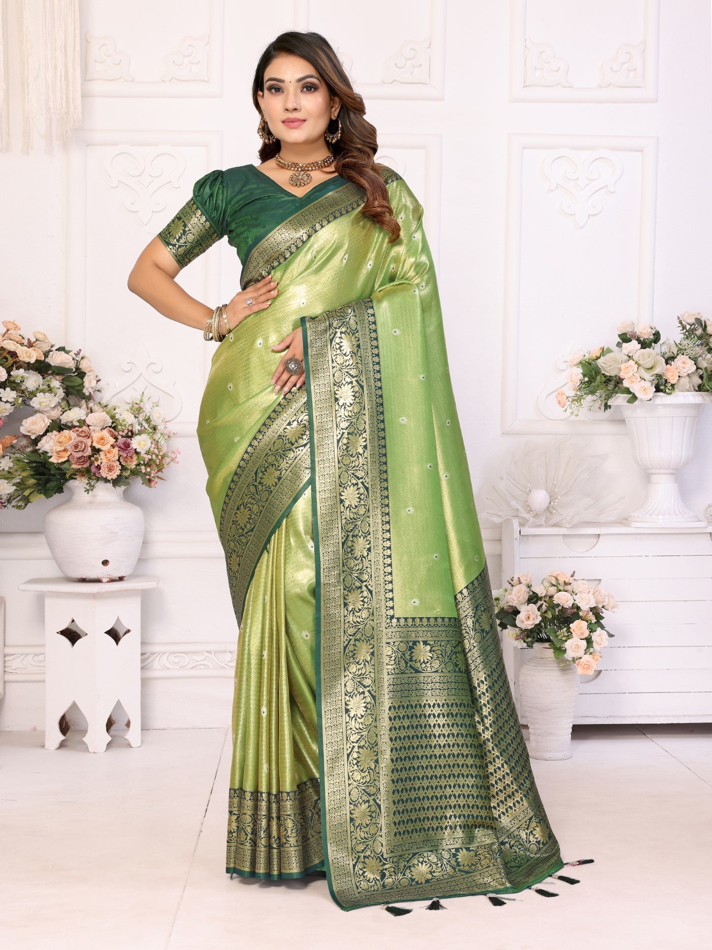 Pista Tissue Silk Saree With Classic Weaving