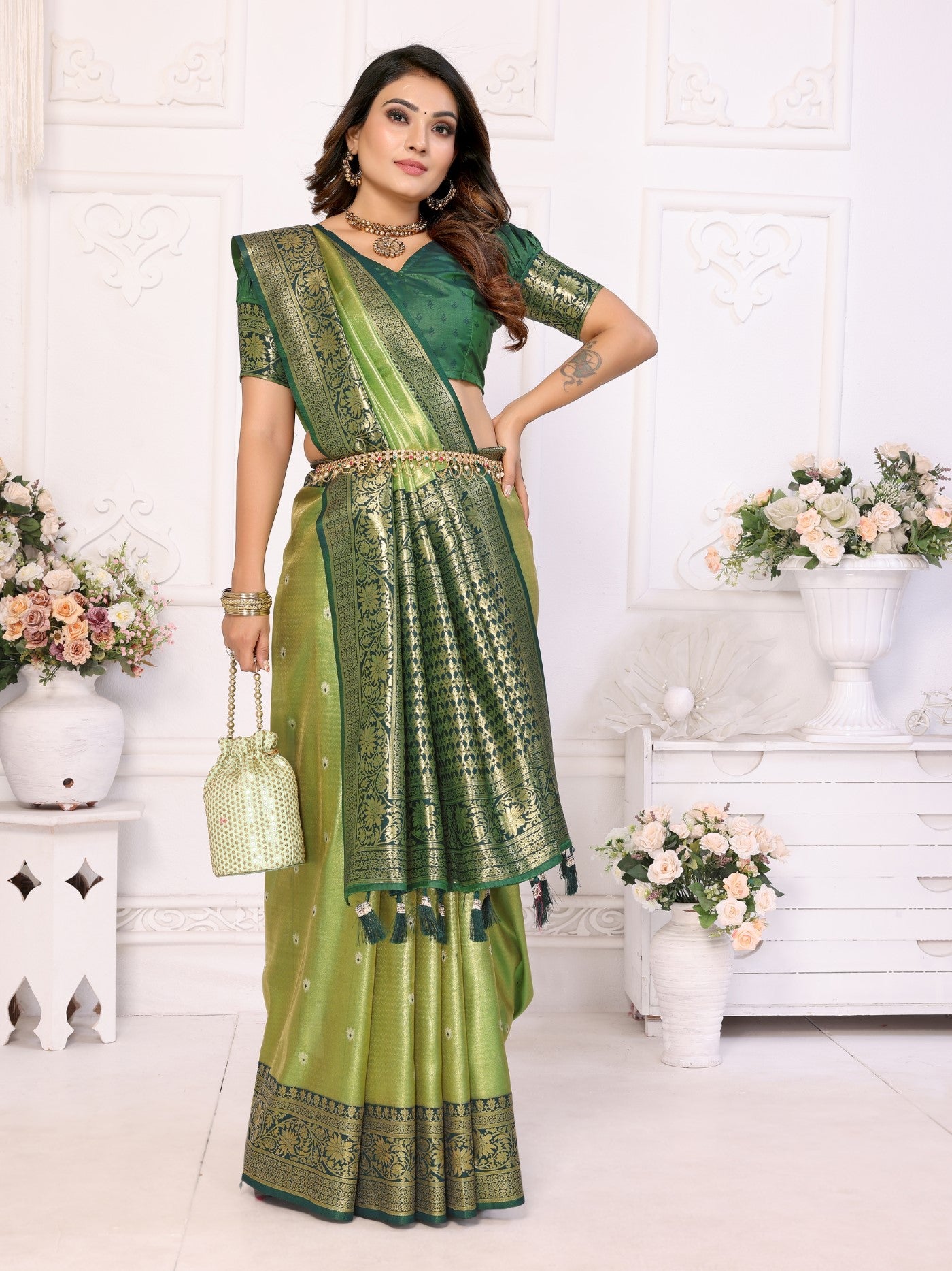 Pista Tissue Silk Saree With Classic Weaving