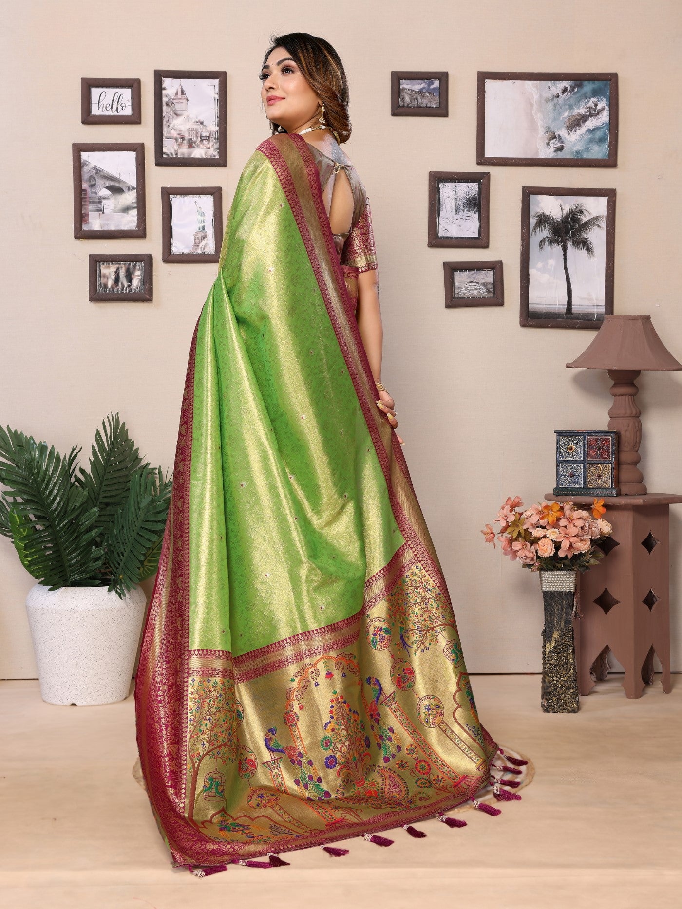 Pista Tissue Silk Saree With Classic Weaving