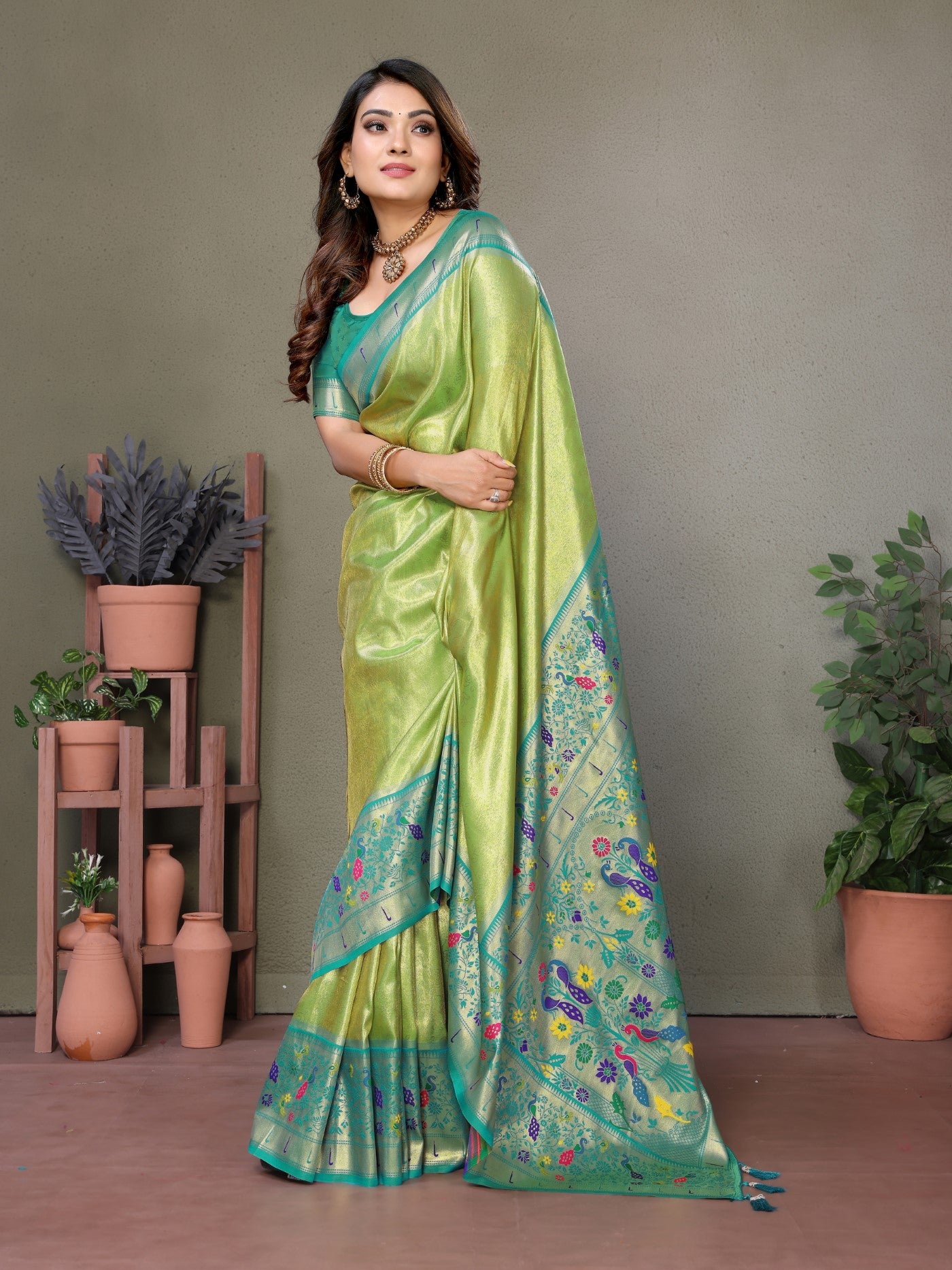 Pista Tissue Silk Saree With Paithani Woven