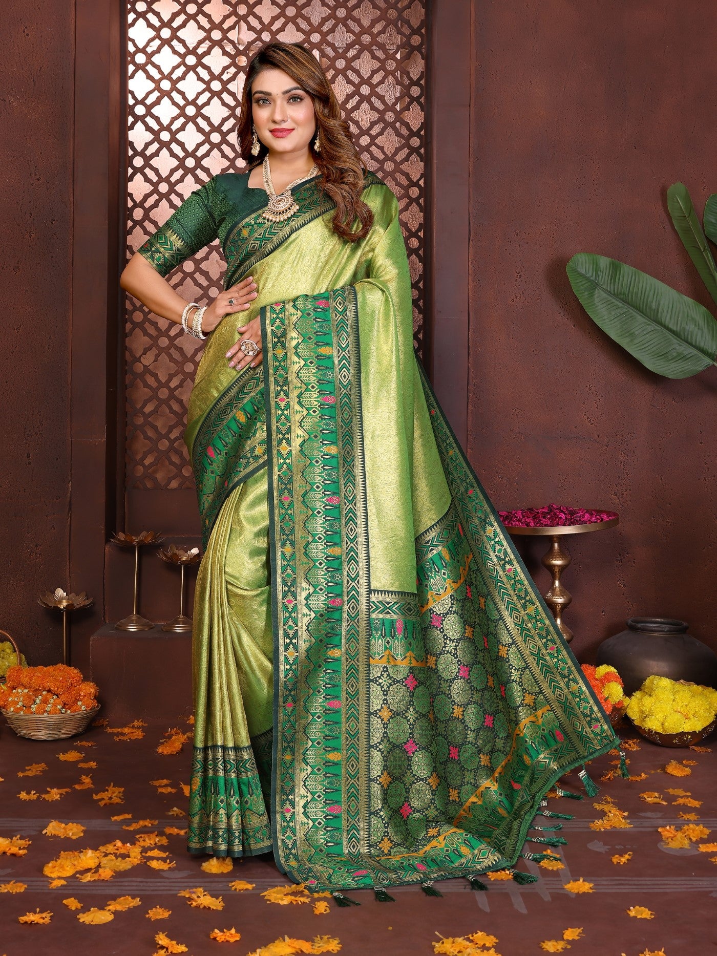 Pista Tissue Silk Saree With Traditional Weaving