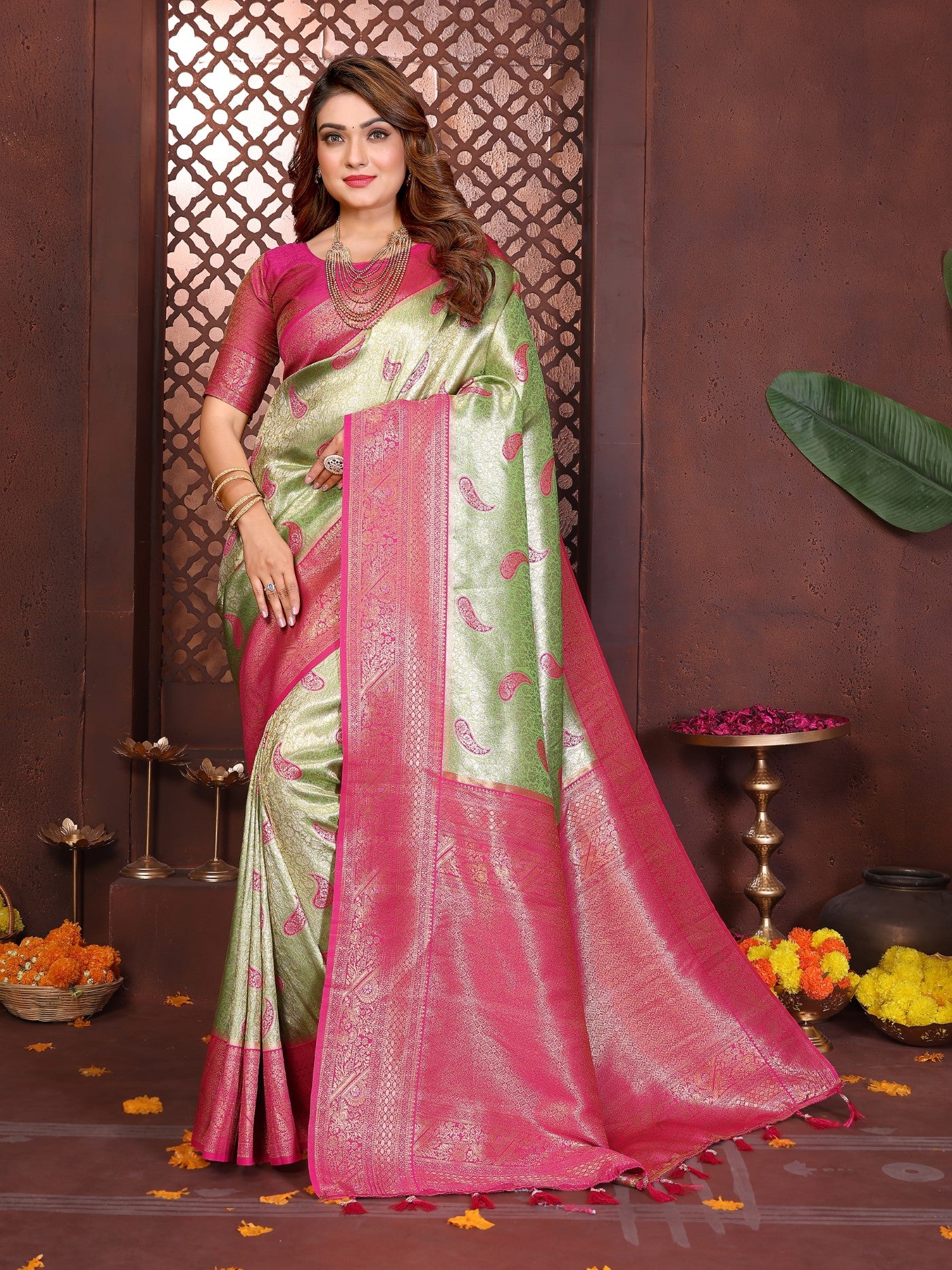 Pista Tissue Silk Saree With Traditional Weaving