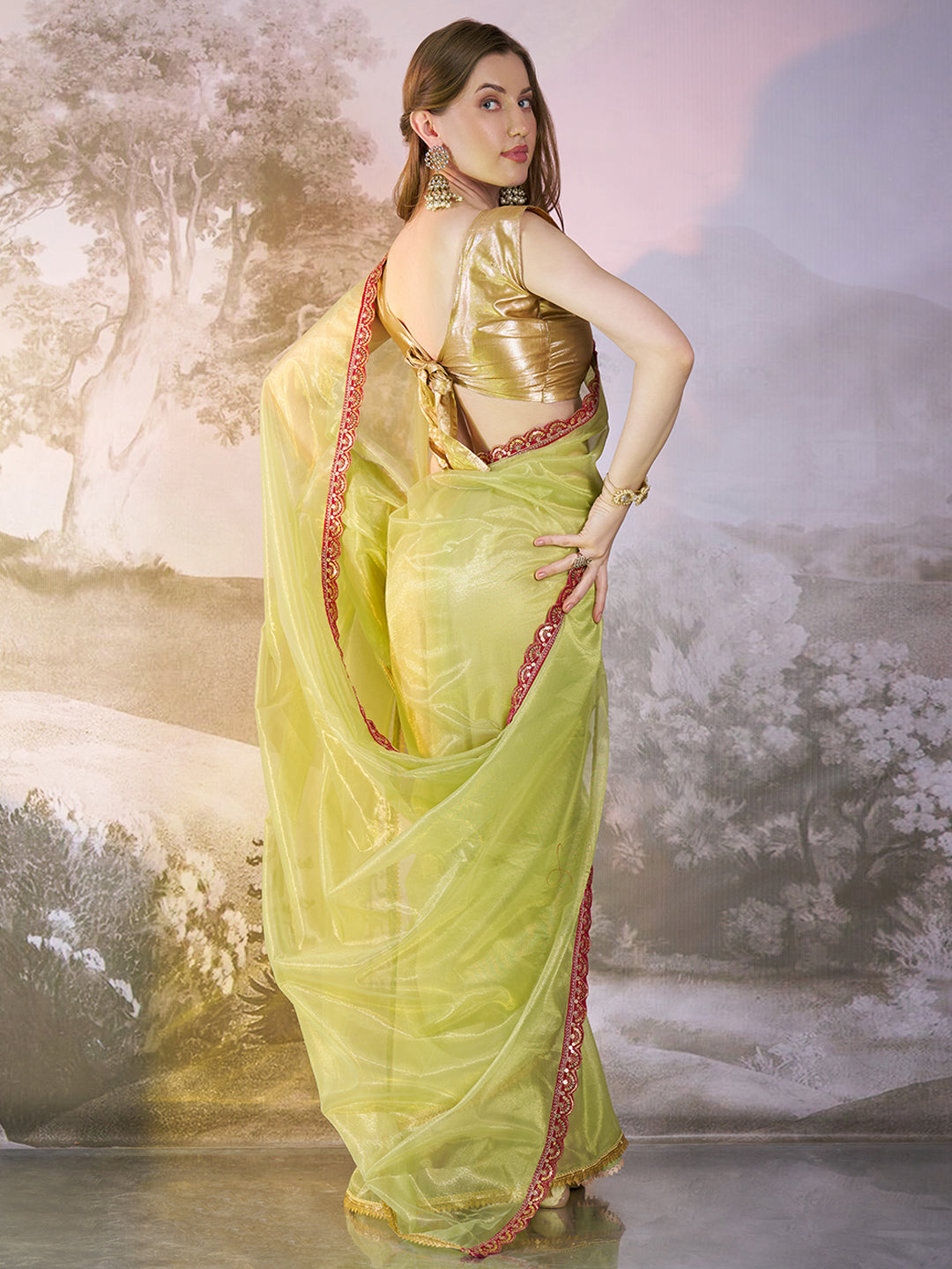 Pista Twill Net Solid Fancy Designer Bollywood Style Saree