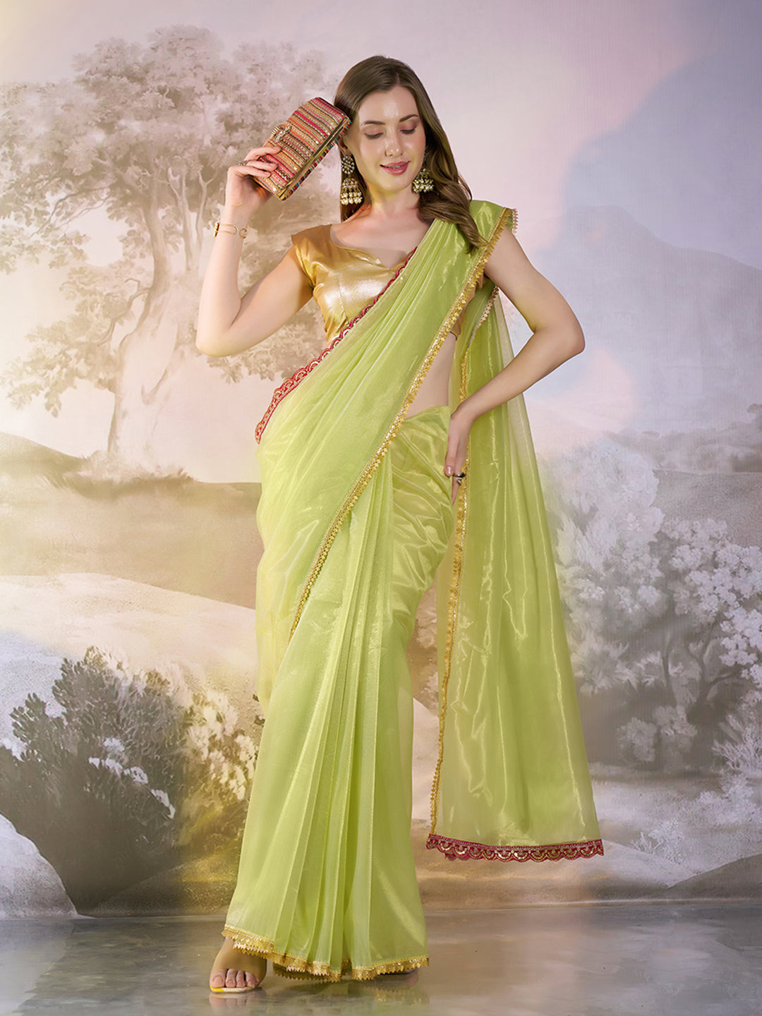 Pista Twill Net Solid Fancy Designer Bollywood Style Saree