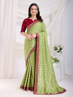 Pista  Vichitra silk  Saree with Golden Foil  bandhani print with embroidery work lace Work