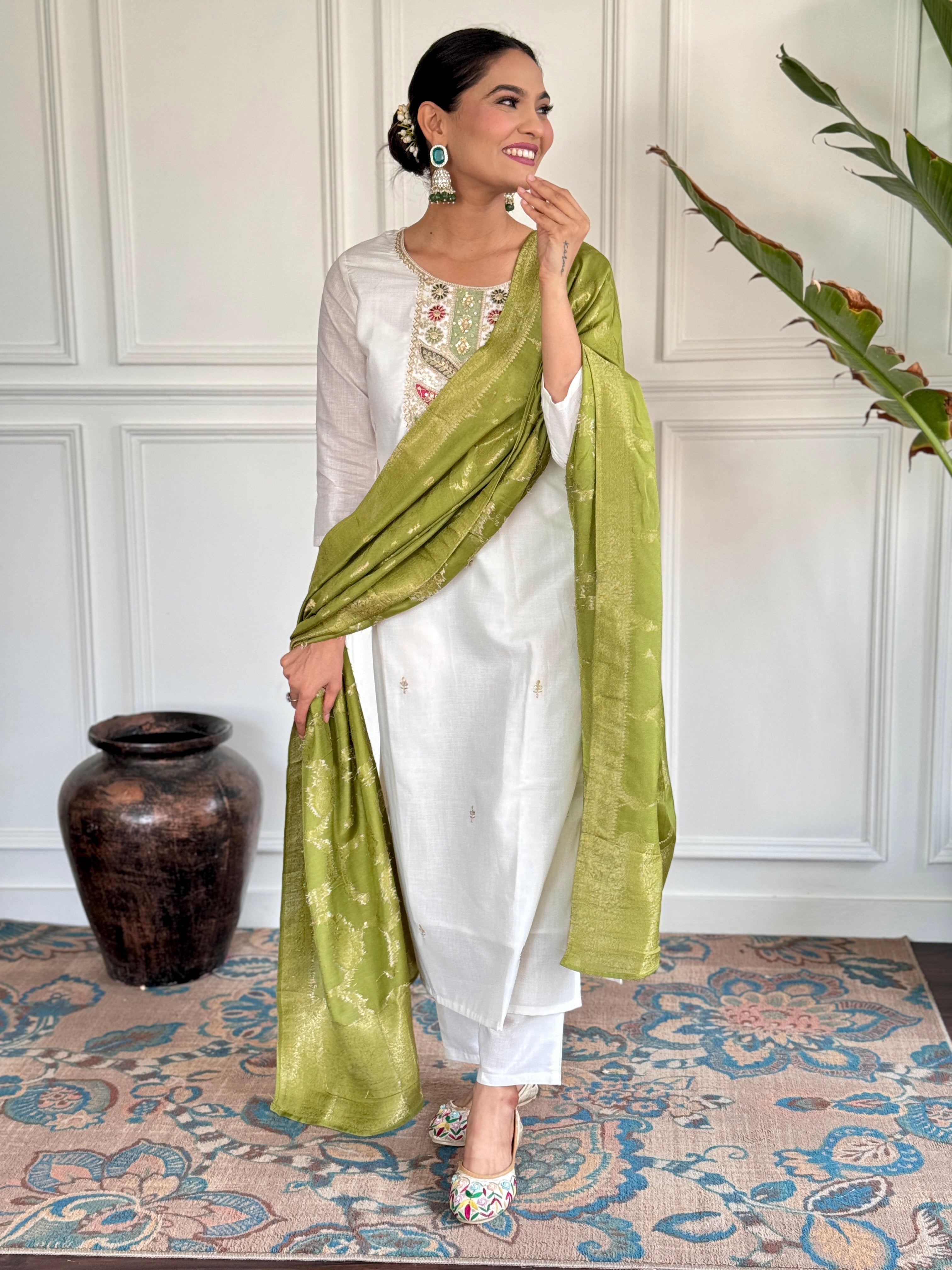 Pista Viscose Blend Elegant Kurta Pant Set With Embroidery Work
