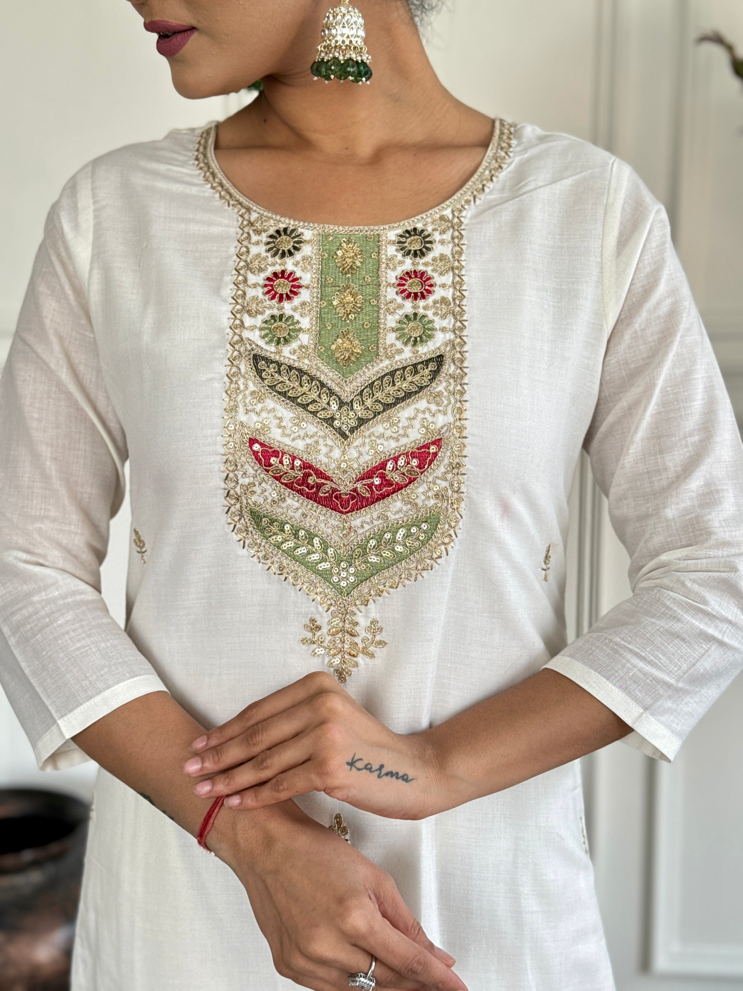 Pista Viscose Blend Elegant Kurta Pant Set With Embroidery Work