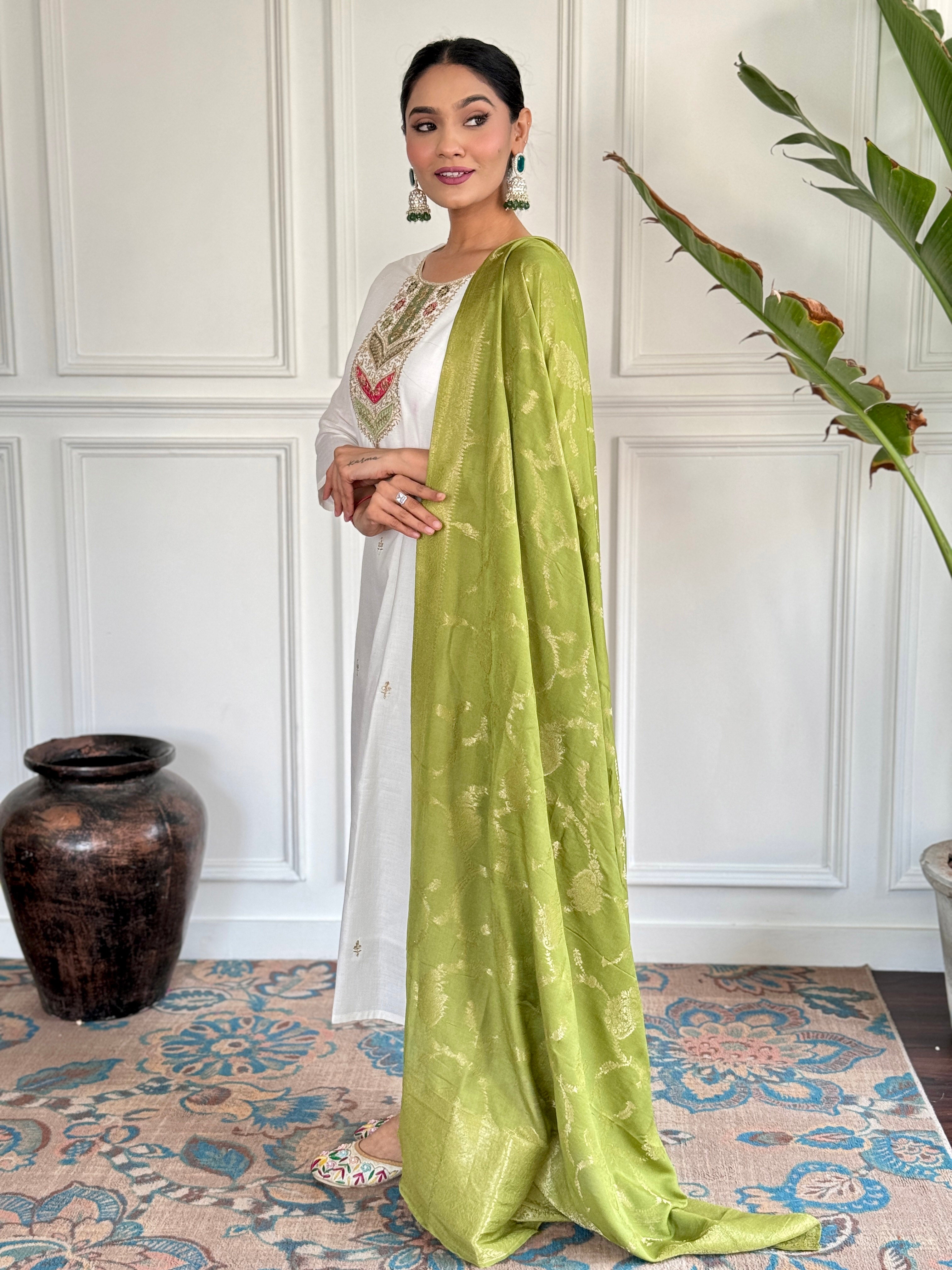 Pista Viscose Blend Elegant Kurta Pant Set With Embroidery Work