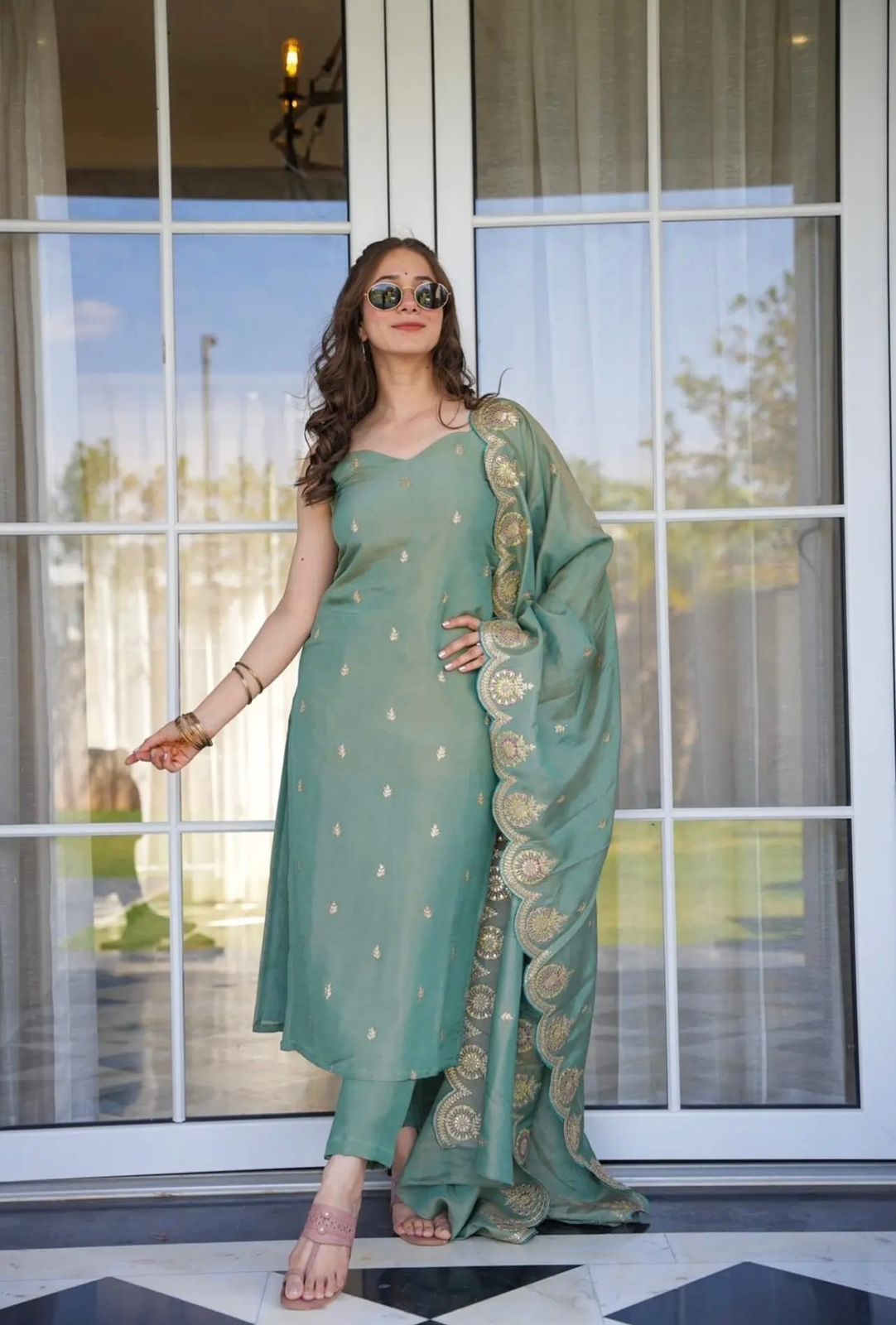 Pista Viscose Zari Chanderi Elegant Kurta Pant Set With Embroidery Work